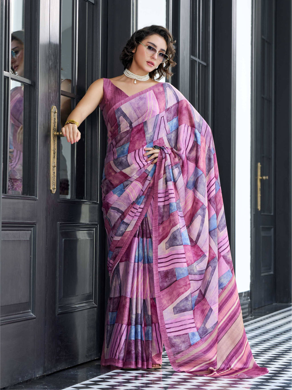Rose Pink Abstract Satin Georgette Saree
