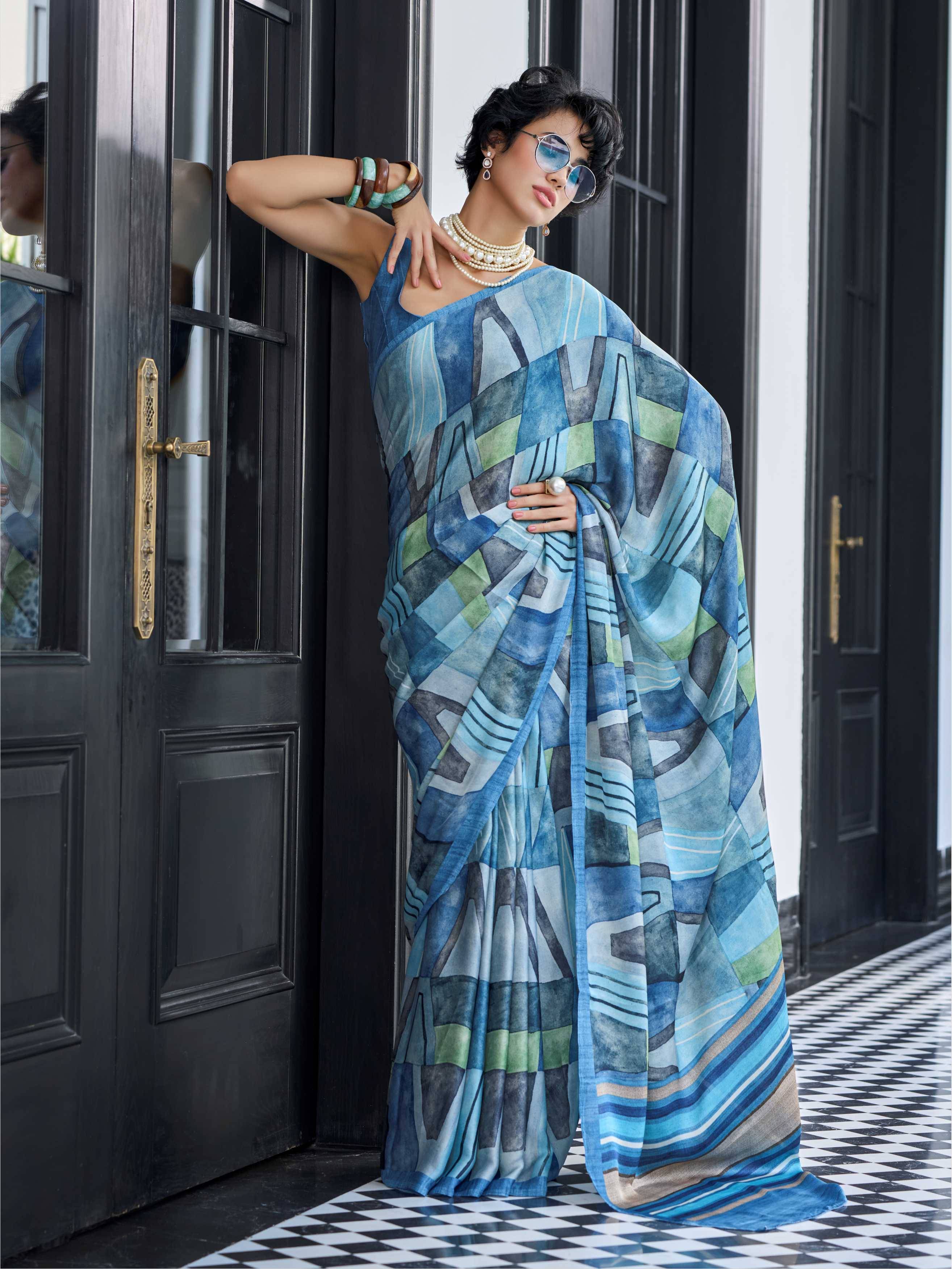 Modal Silk Abstract Aqua Blue Saree