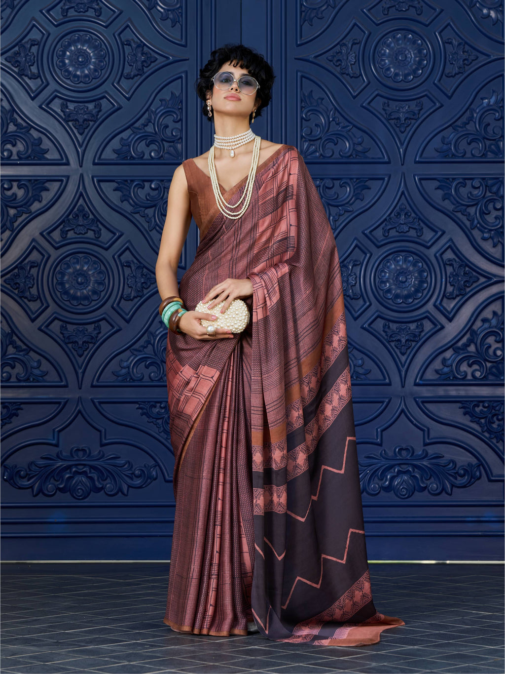 Copper Brown Geometric Satin Georgette Saree