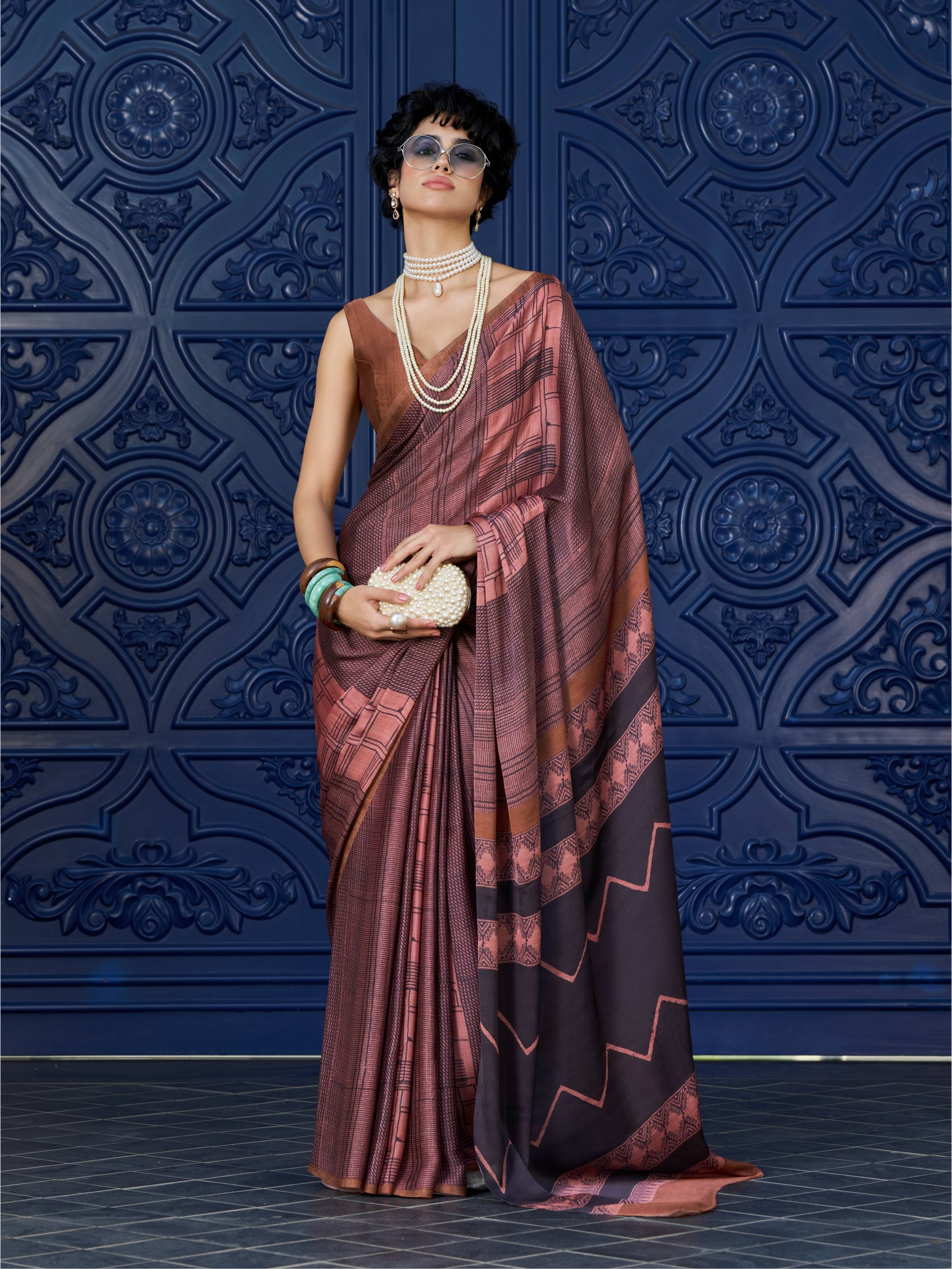 Copper Brown Geometric Satin Georgette Saree
