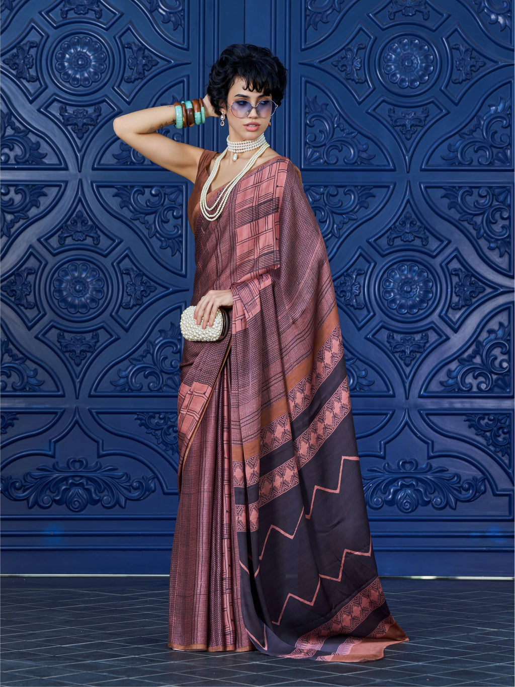 Copper Brown Geometric Satin Georgette Saree