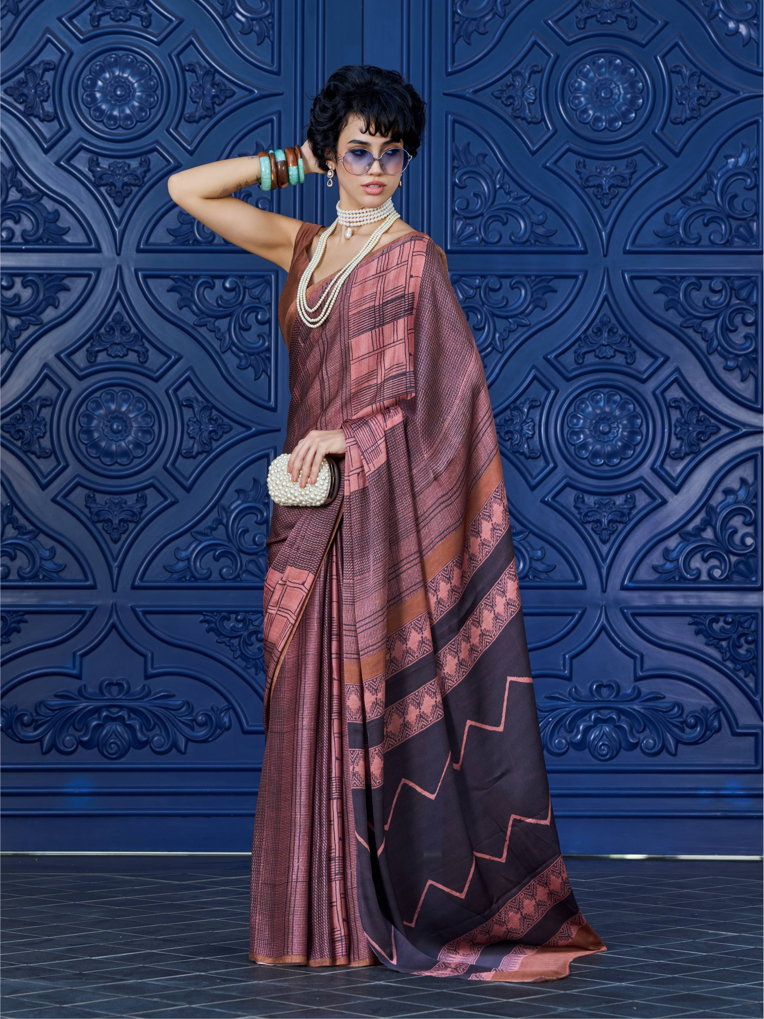 Copper Brown Geometric Satin Georgette Saree