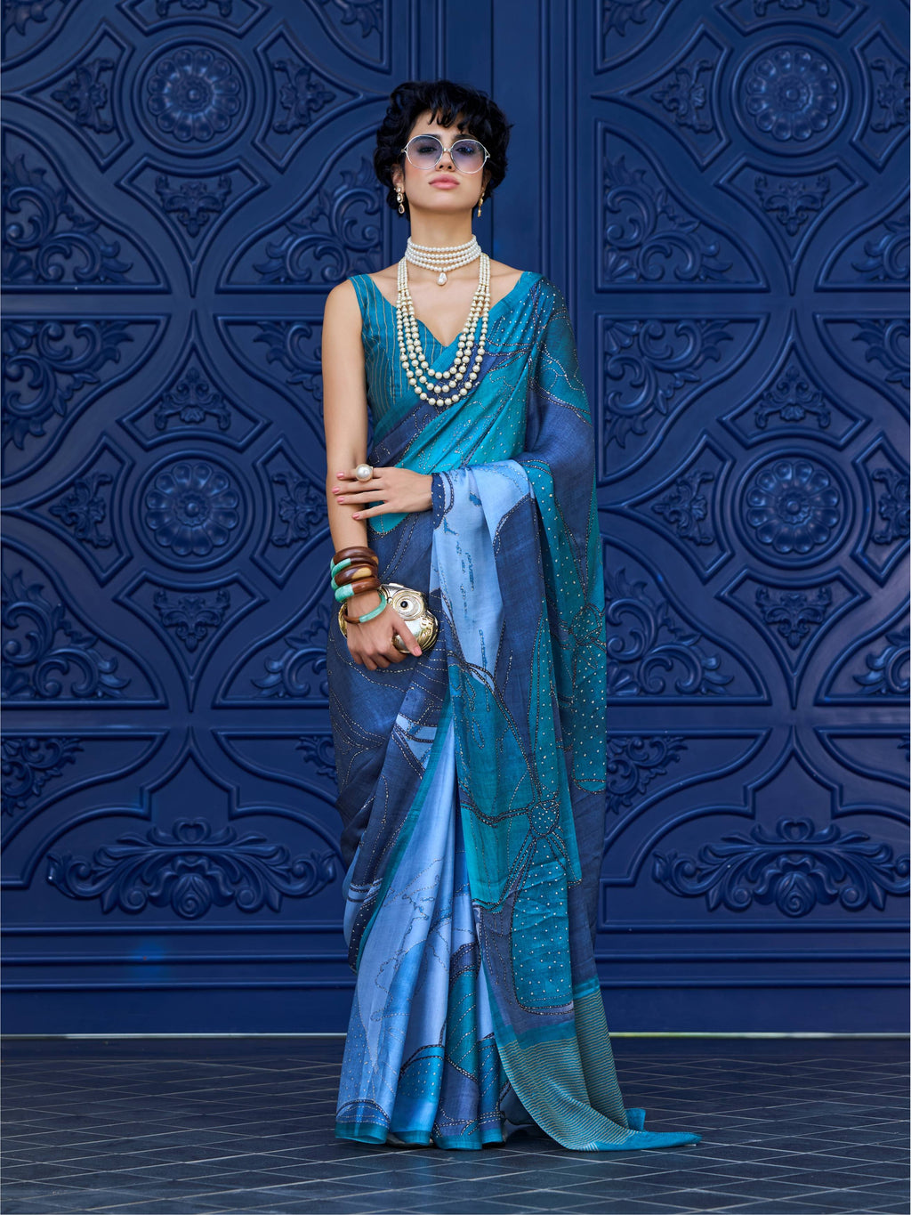 Teal Green Abstract Satin Georgette Saree