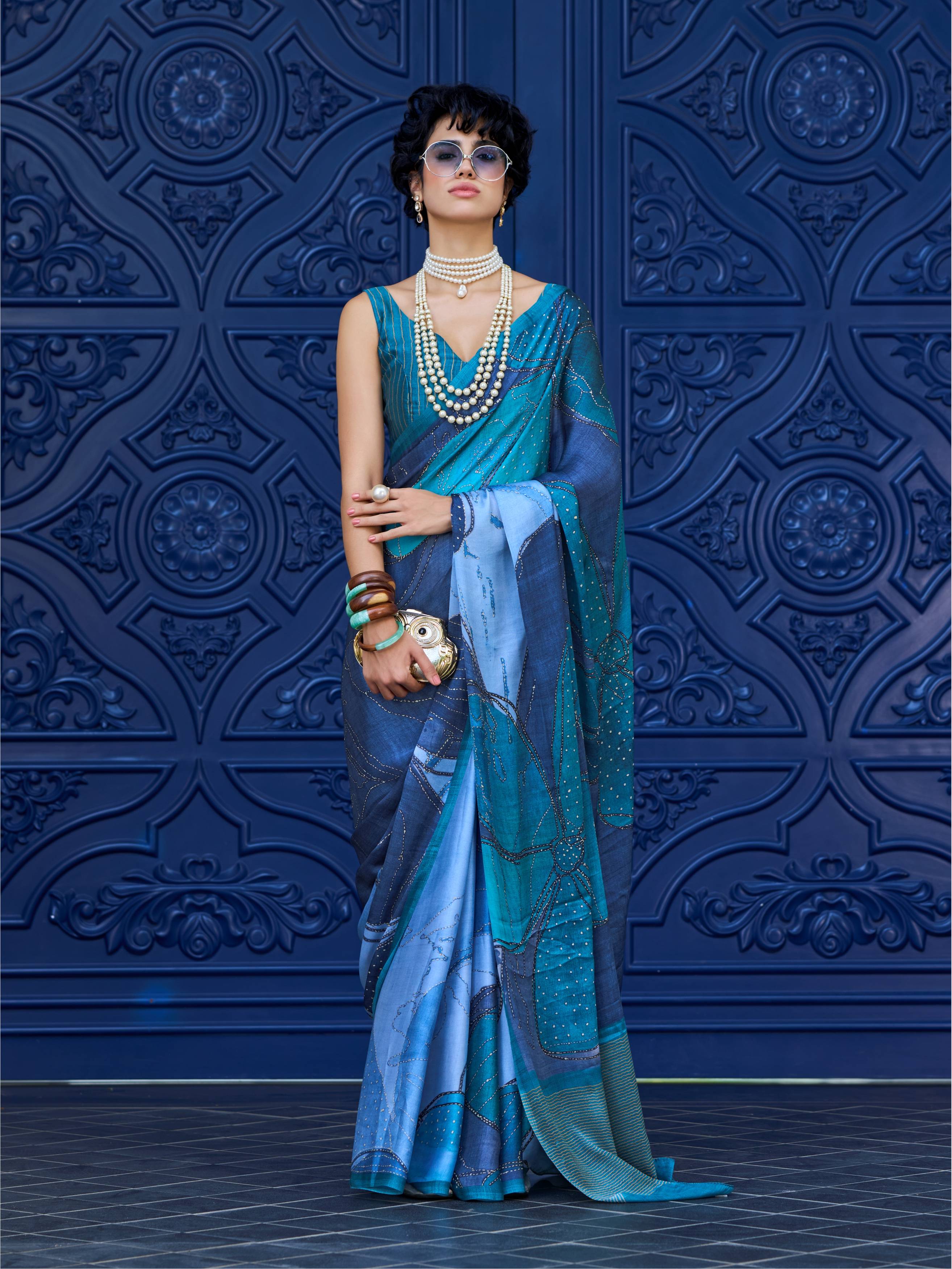 Teal Green Abstract Satin Georgette Saree
