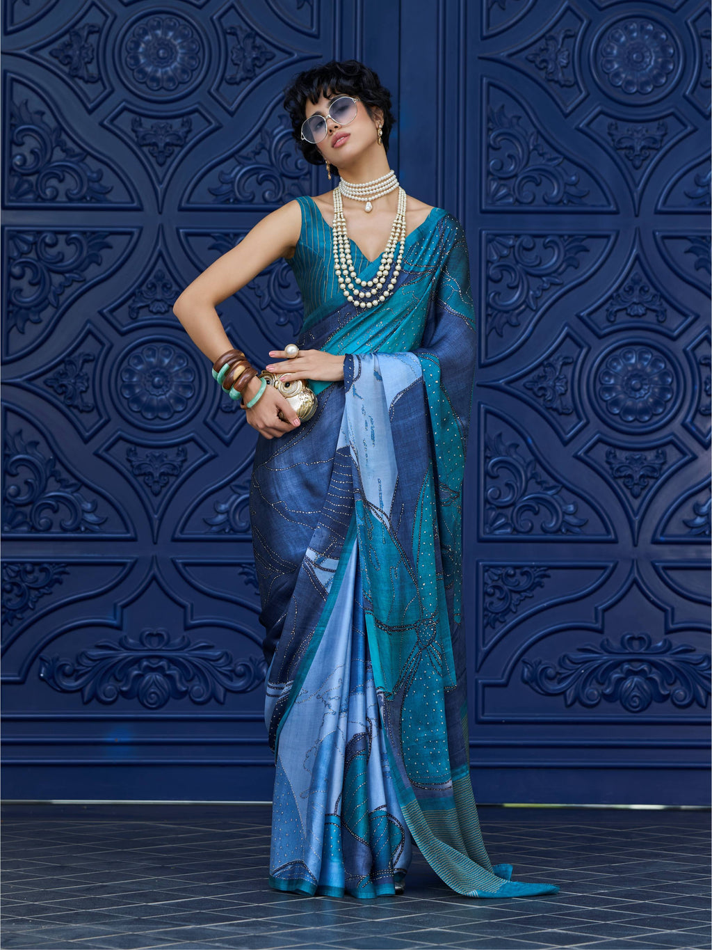 Teal Green Abstract Satin Georgette Saree