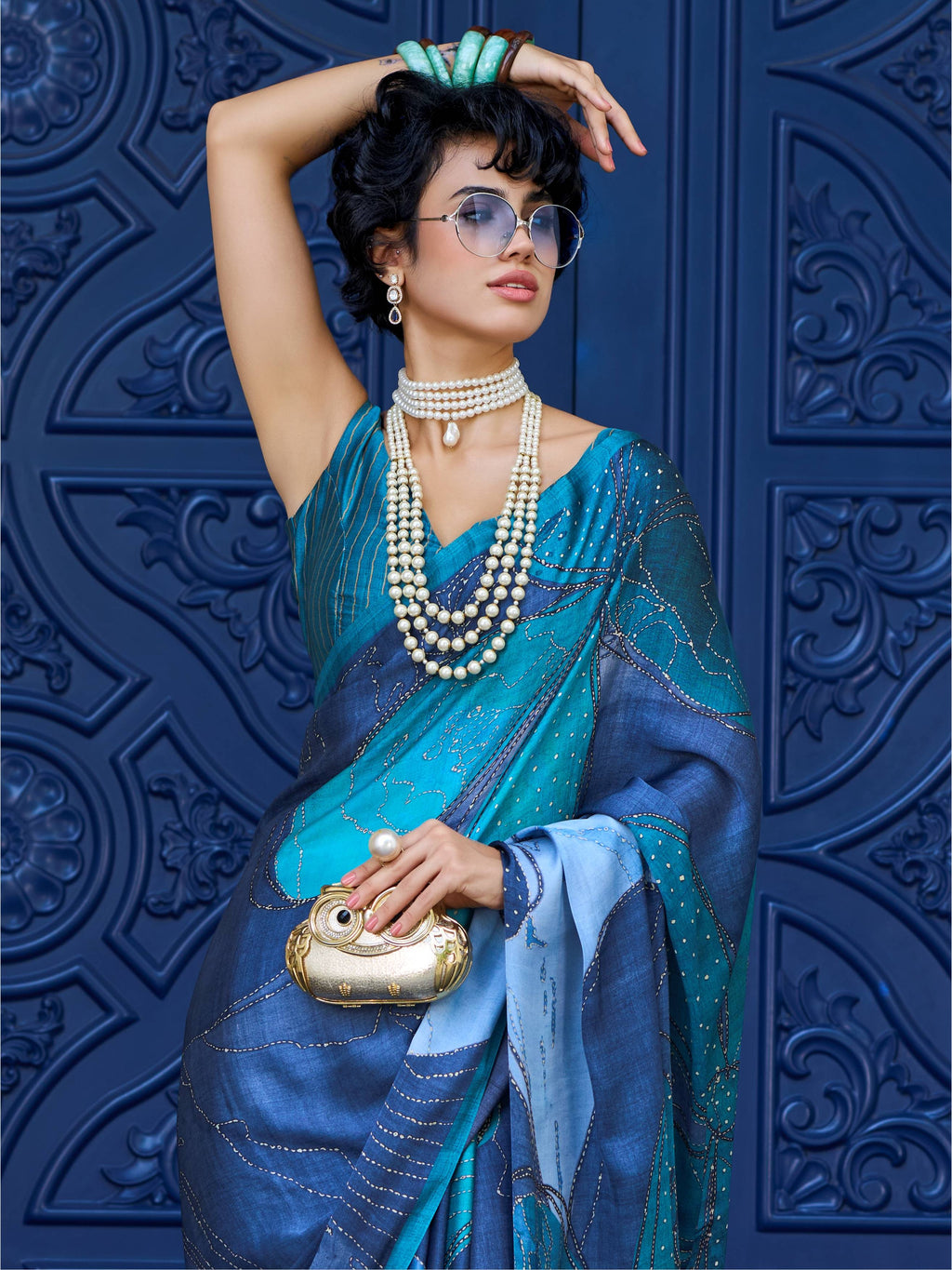 Teal Green Abstract Satin Georgette Saree