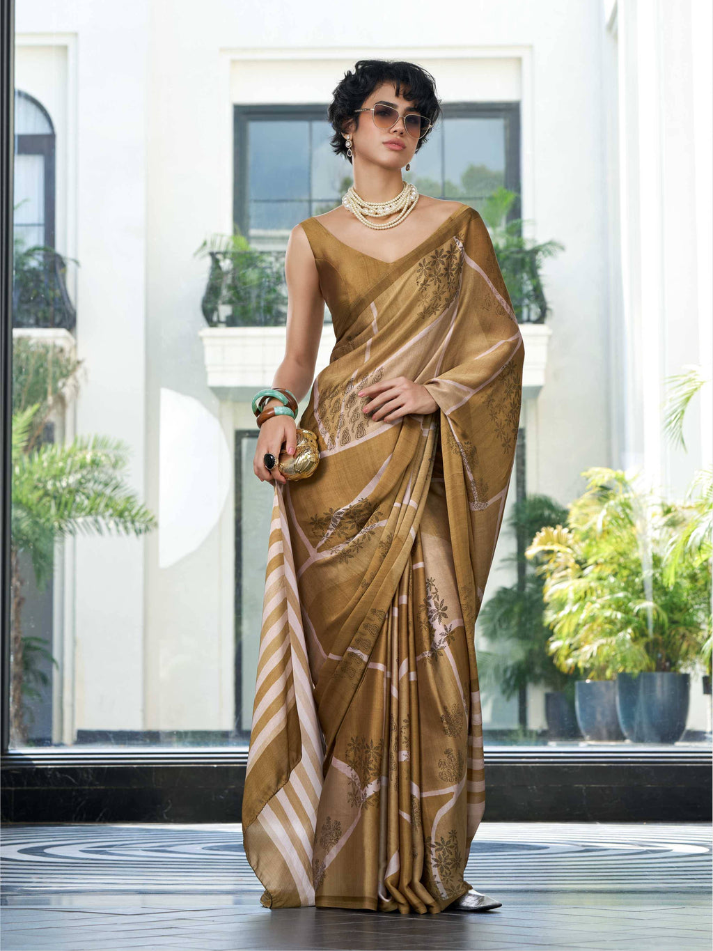 Mustard Gold Artistic Motif Satin Georgette Saree