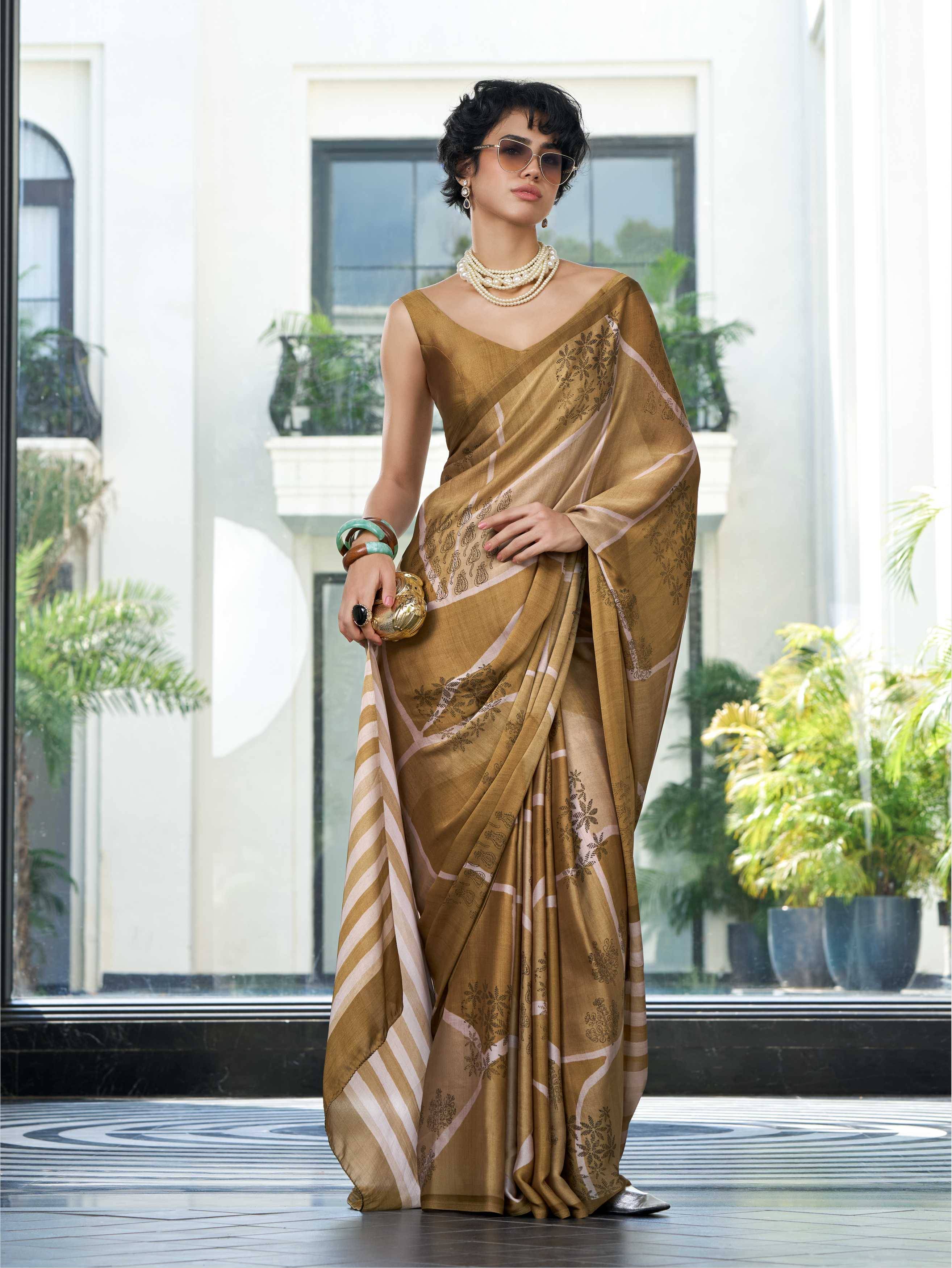 Mustard Gold Artistic Motif Satin Georgette Saree