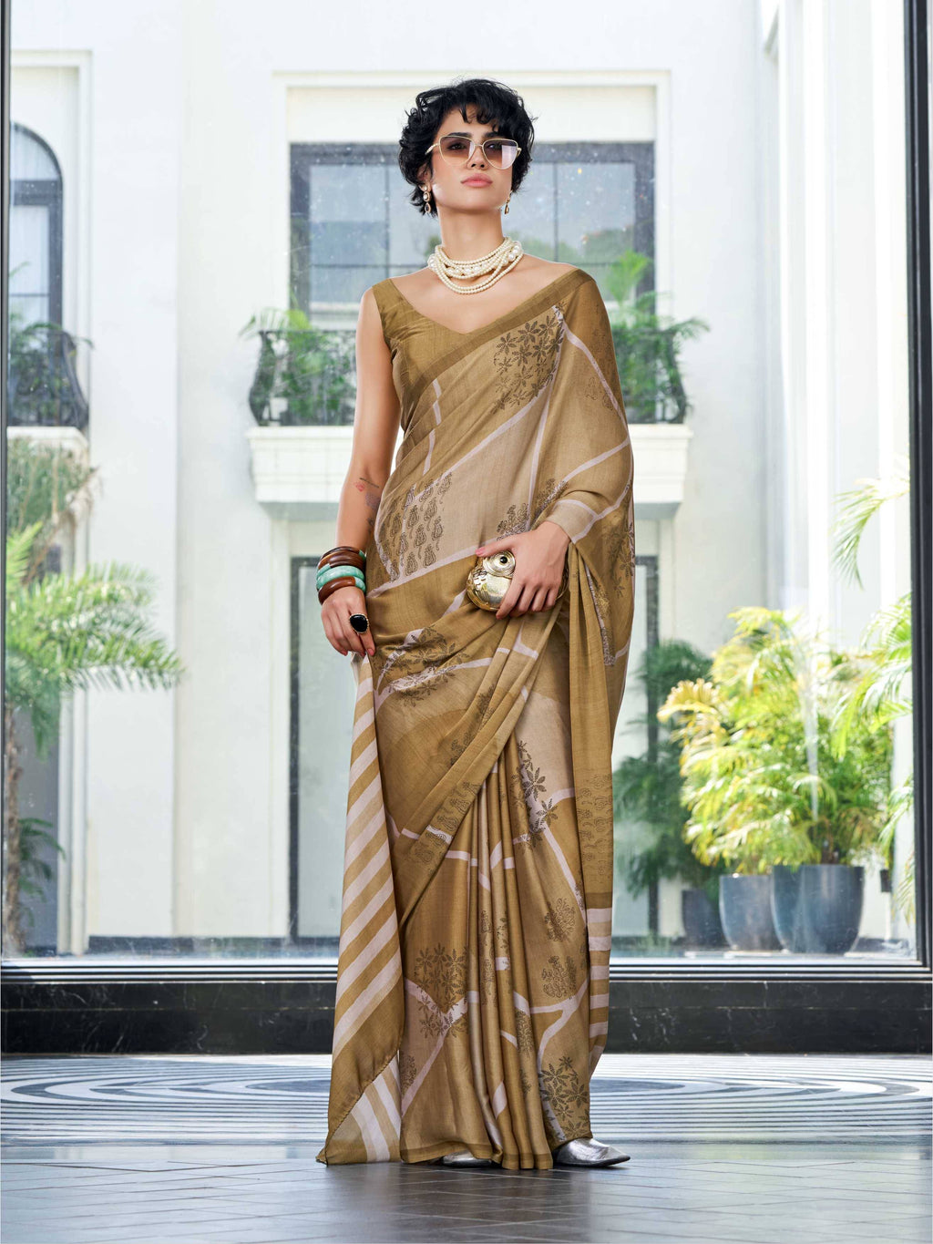 Mustard Gold Artistic Motif Satin Georgette Saree