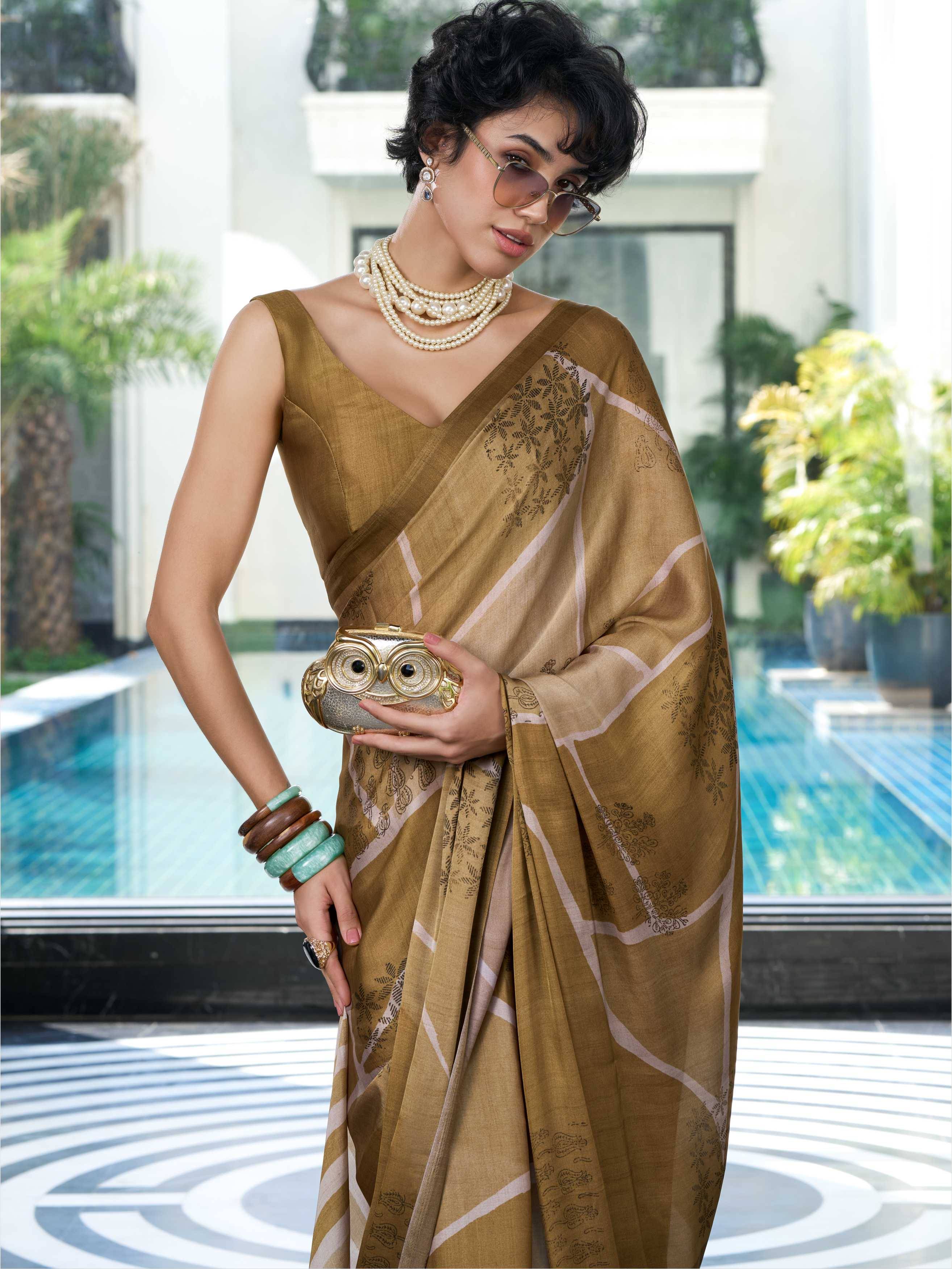 Mustard Gold Artistic Motif Satin Georgette Saree