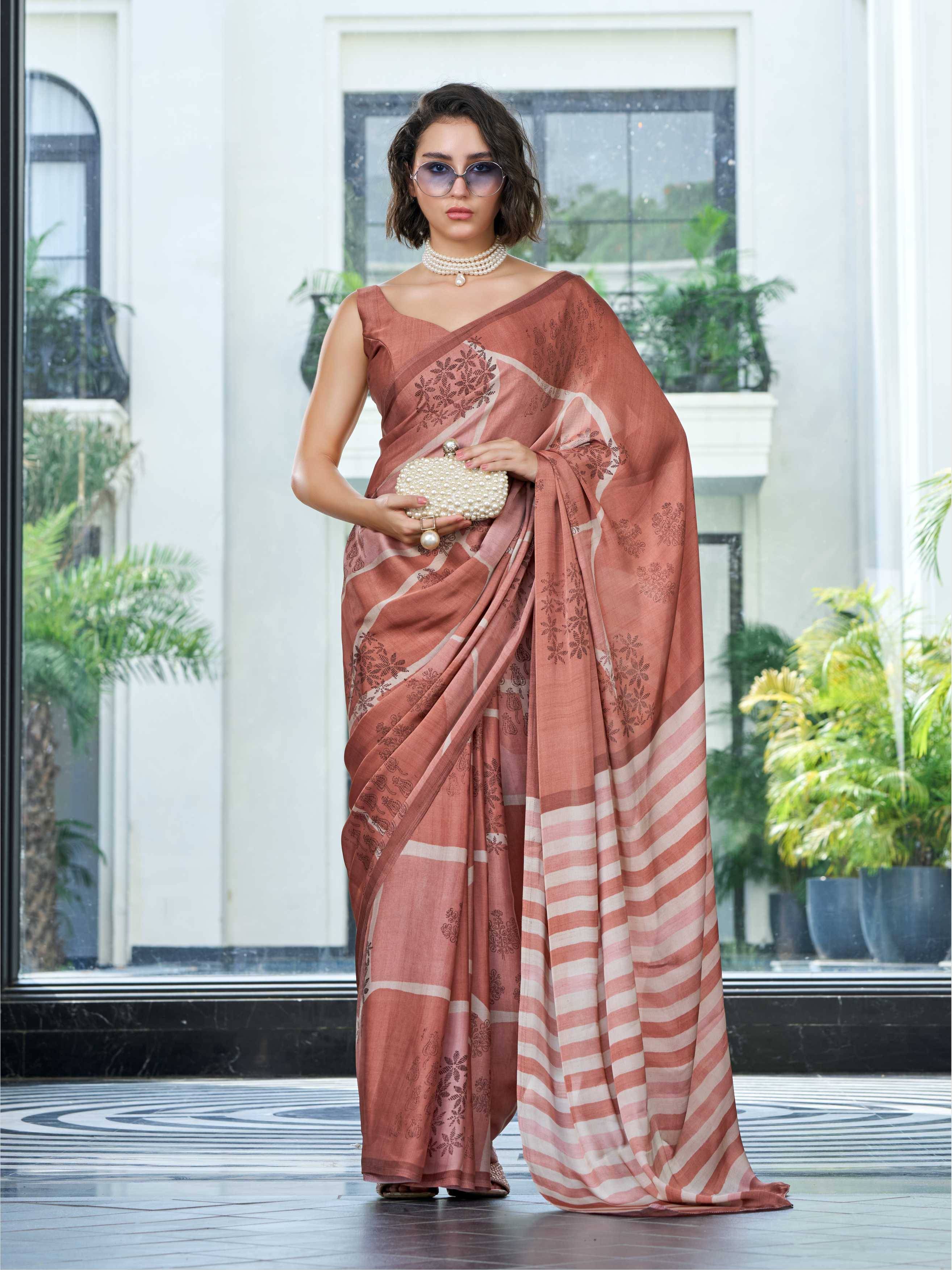 Rust Brown Artistic Motif Satin Georgette Saree
