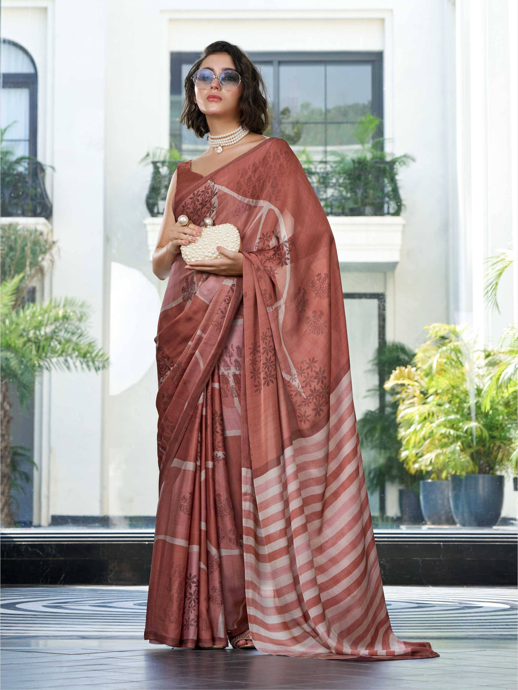 Rust Brown Artistic Motif Satin Georgette Saree