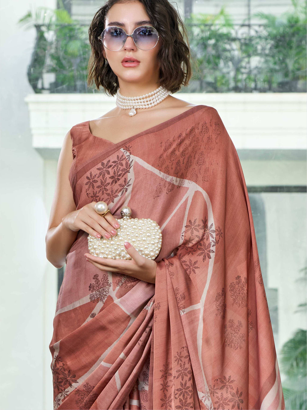 Rust Brown Artistic Motif Satin Georgette Saree