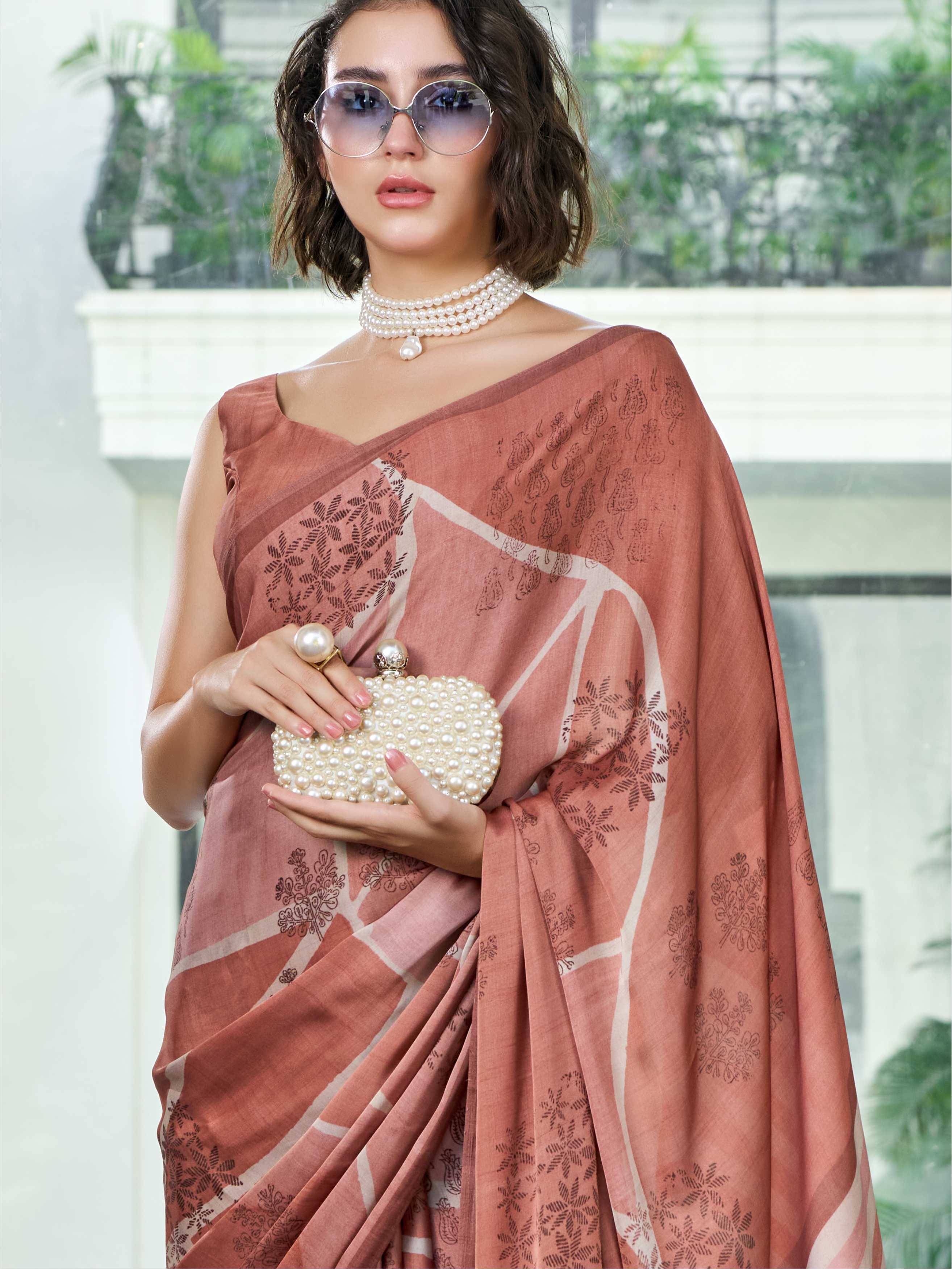Rust Brown Artistic Motif Satin Georgette Saree