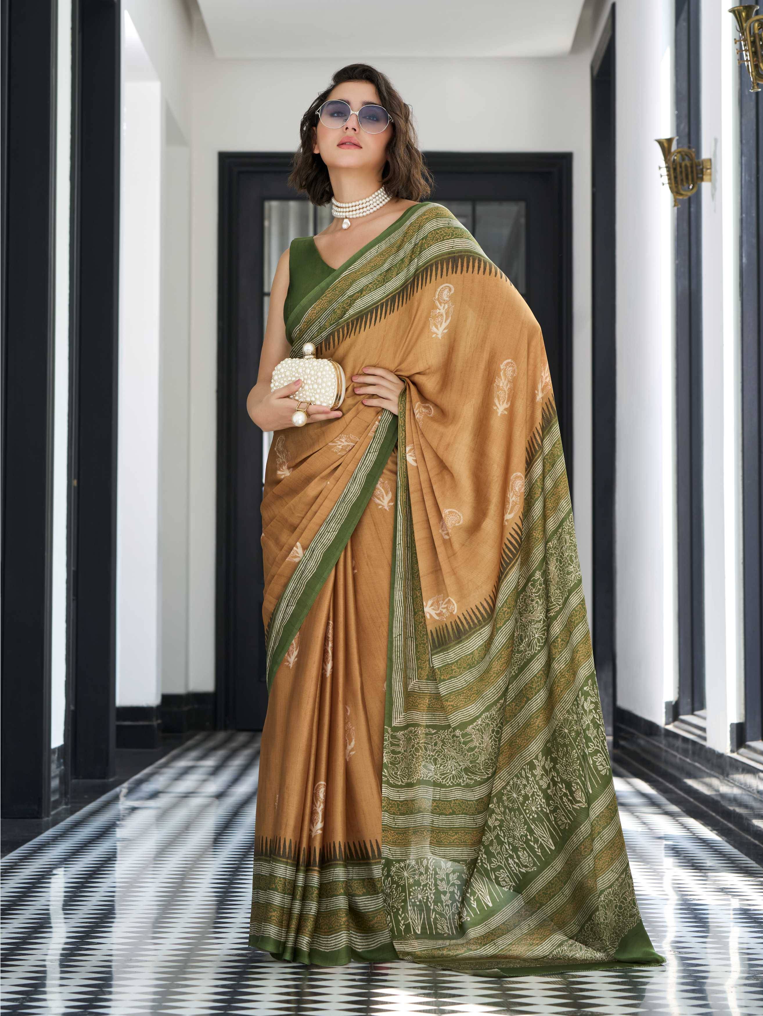 Olive Gold Ethnic Motif Satin Georgette Saree