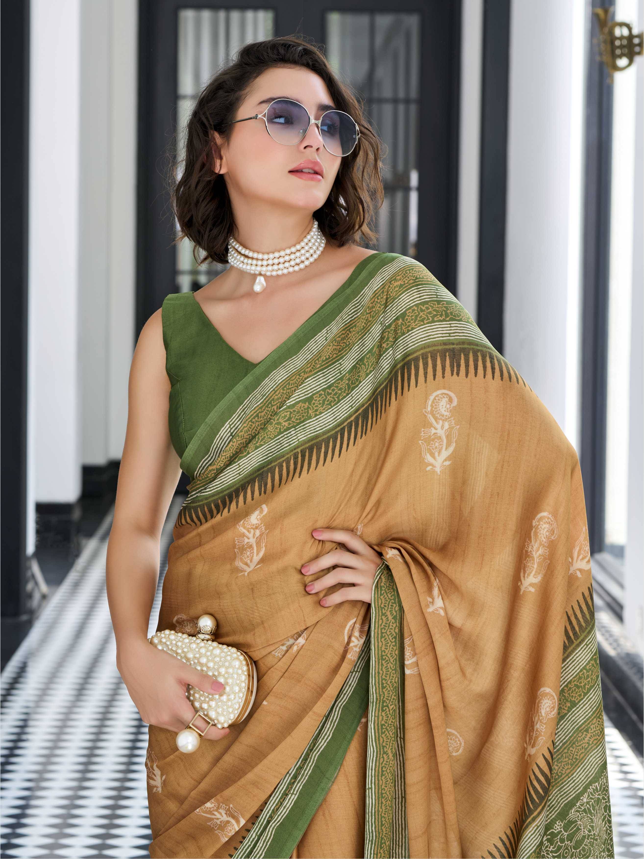 Olive Gold Ethnic Motif Satin Georgette Saree