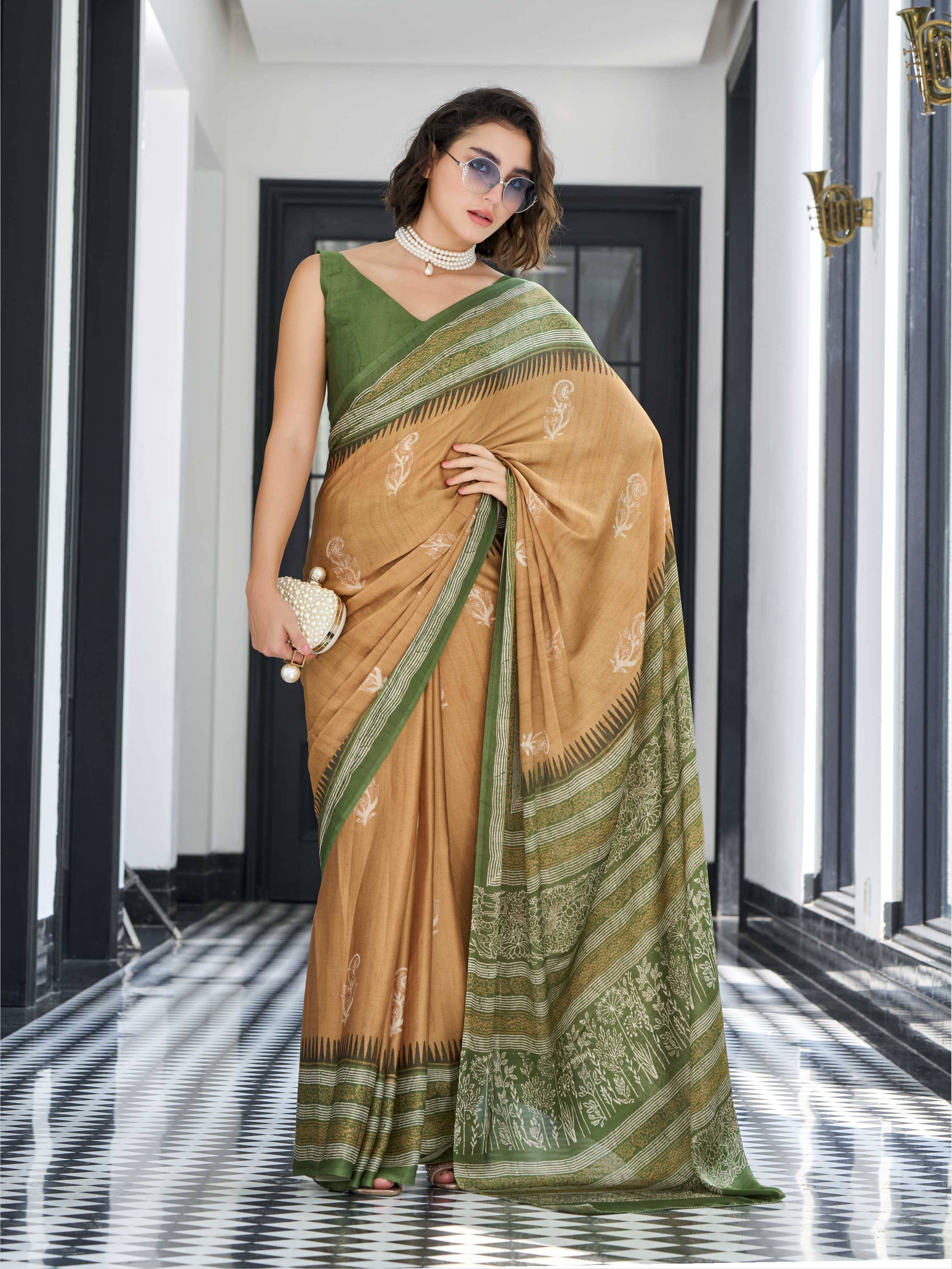Olive Gold Ethnic Motif Satin Georgette Saree
