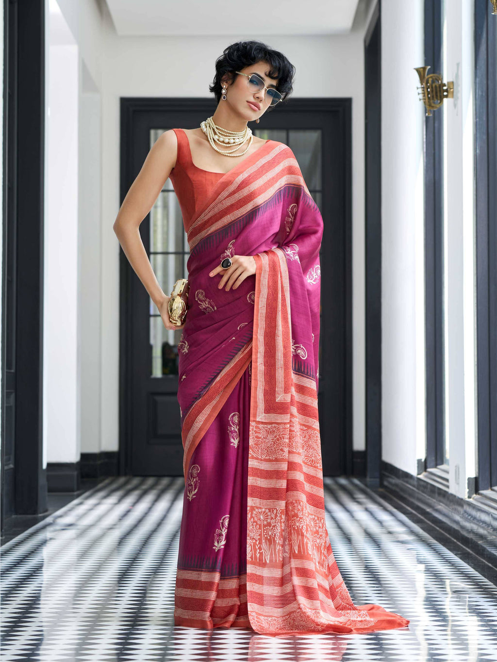 Crimson Maroon Ethnic Motif Satin Georgette Saree