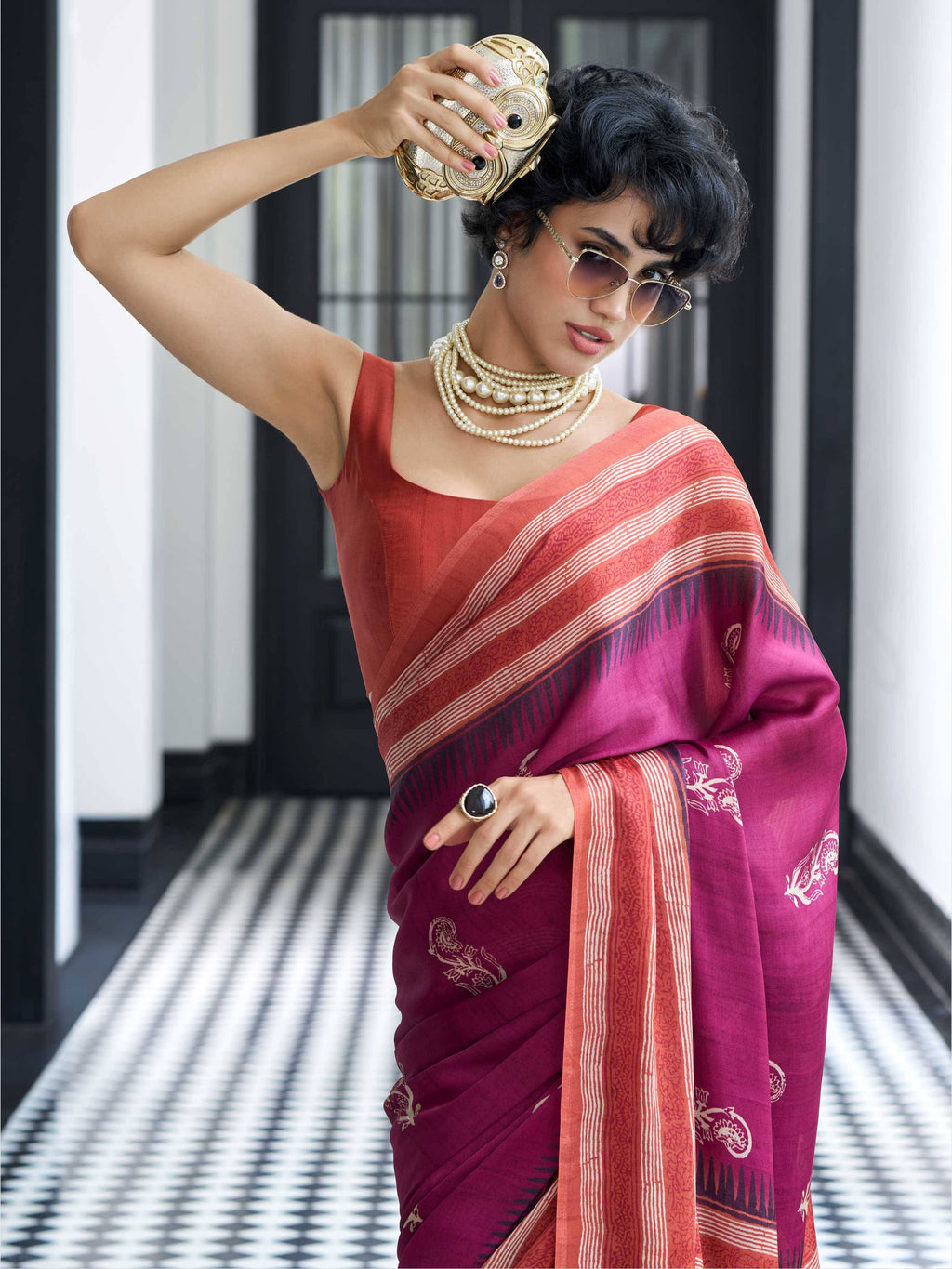 Crimson Maroon Ethnic Motif Satin Georgette Saree