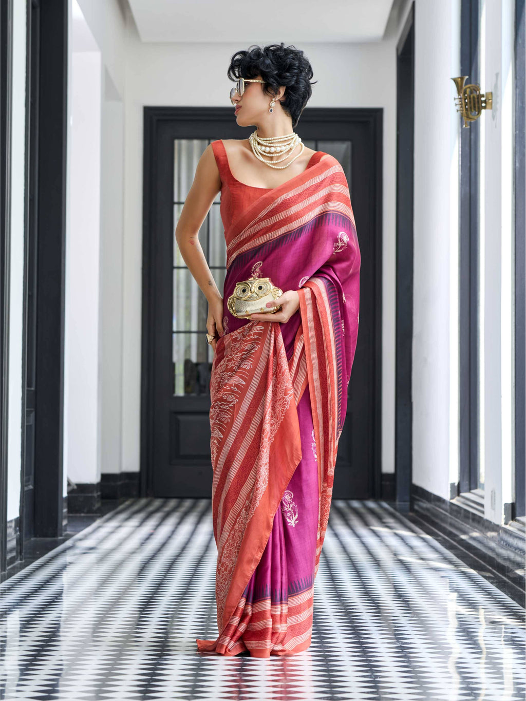 Crimson Maroon Ethnic Motif Satin Georgette Saree