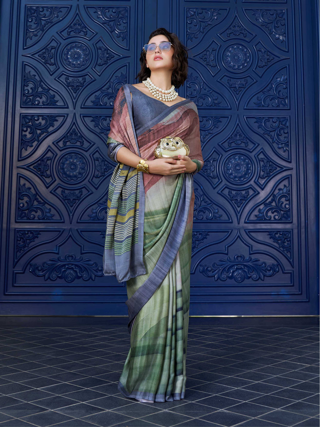 Sage Green Digital Illustration Satin Georgette Saree