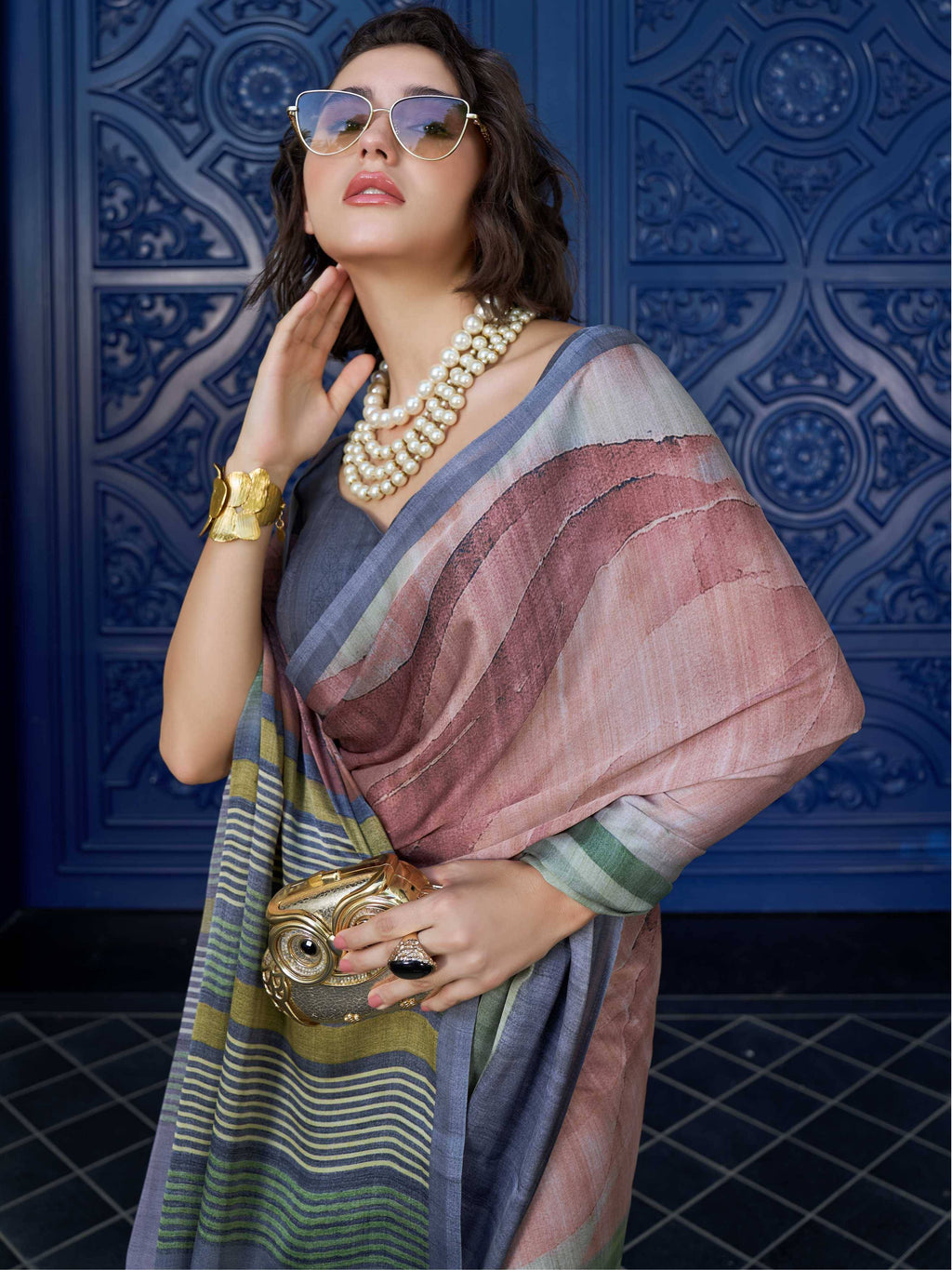 Sage Green Digital Illustration Satin Georgette Saree