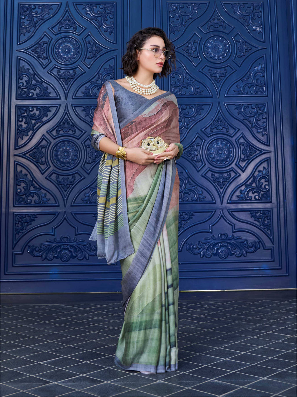 Sage Green Digital Illustration Satin Georgette Saree