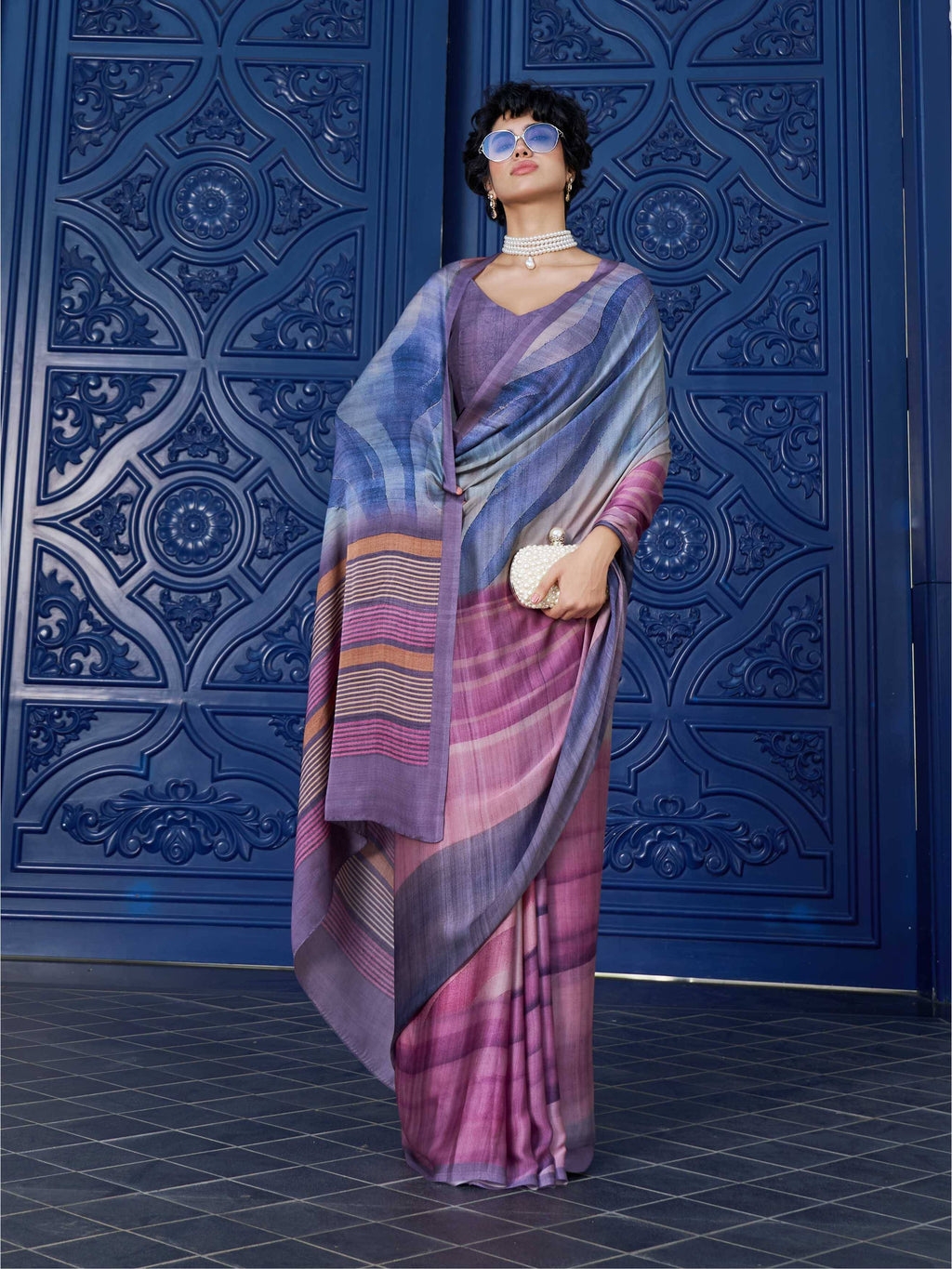 Muted Rose Digital Illustration Satin Georgette Saree