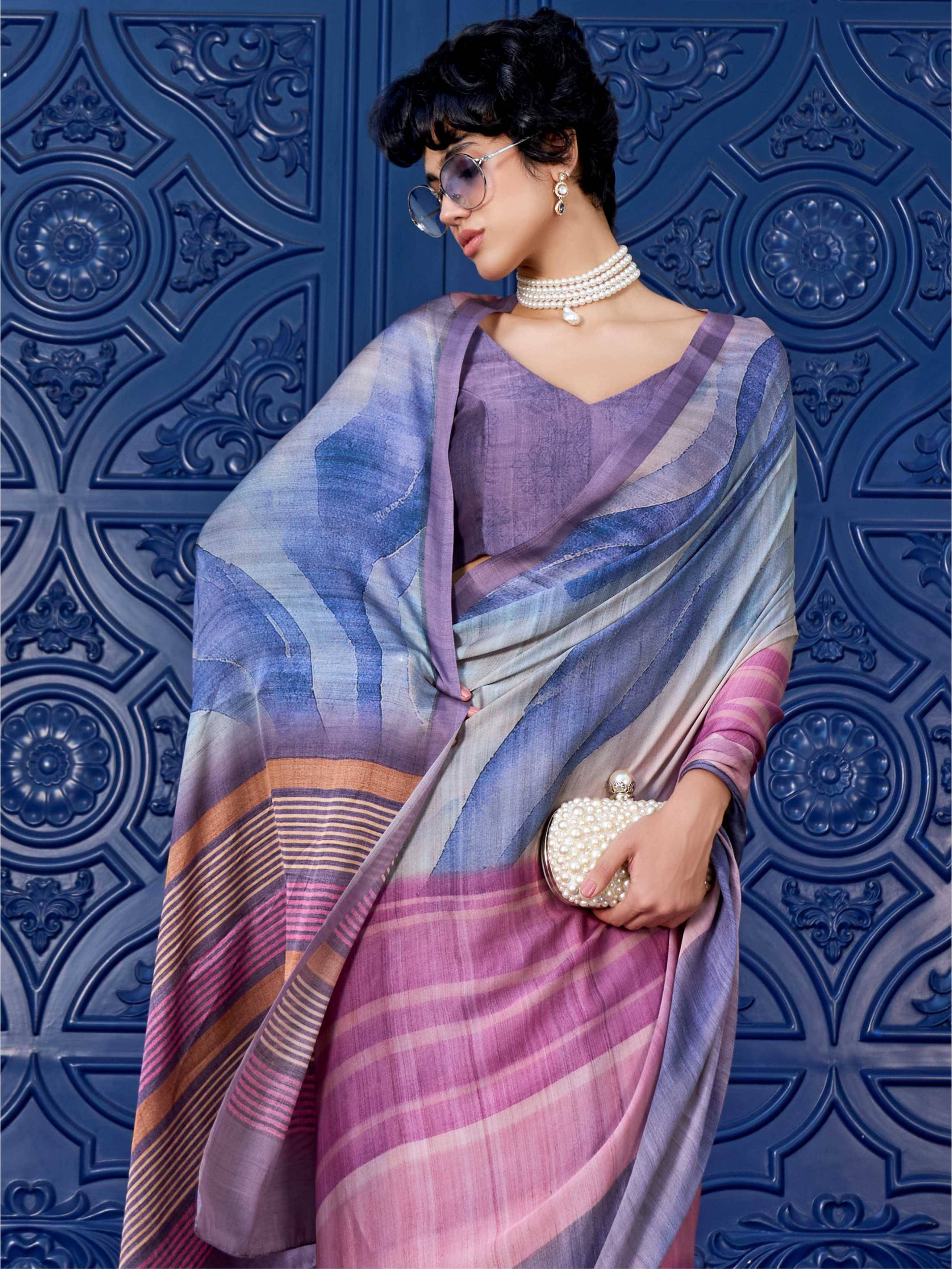 Modal Silk Digital Illustration Muted Rose Saree