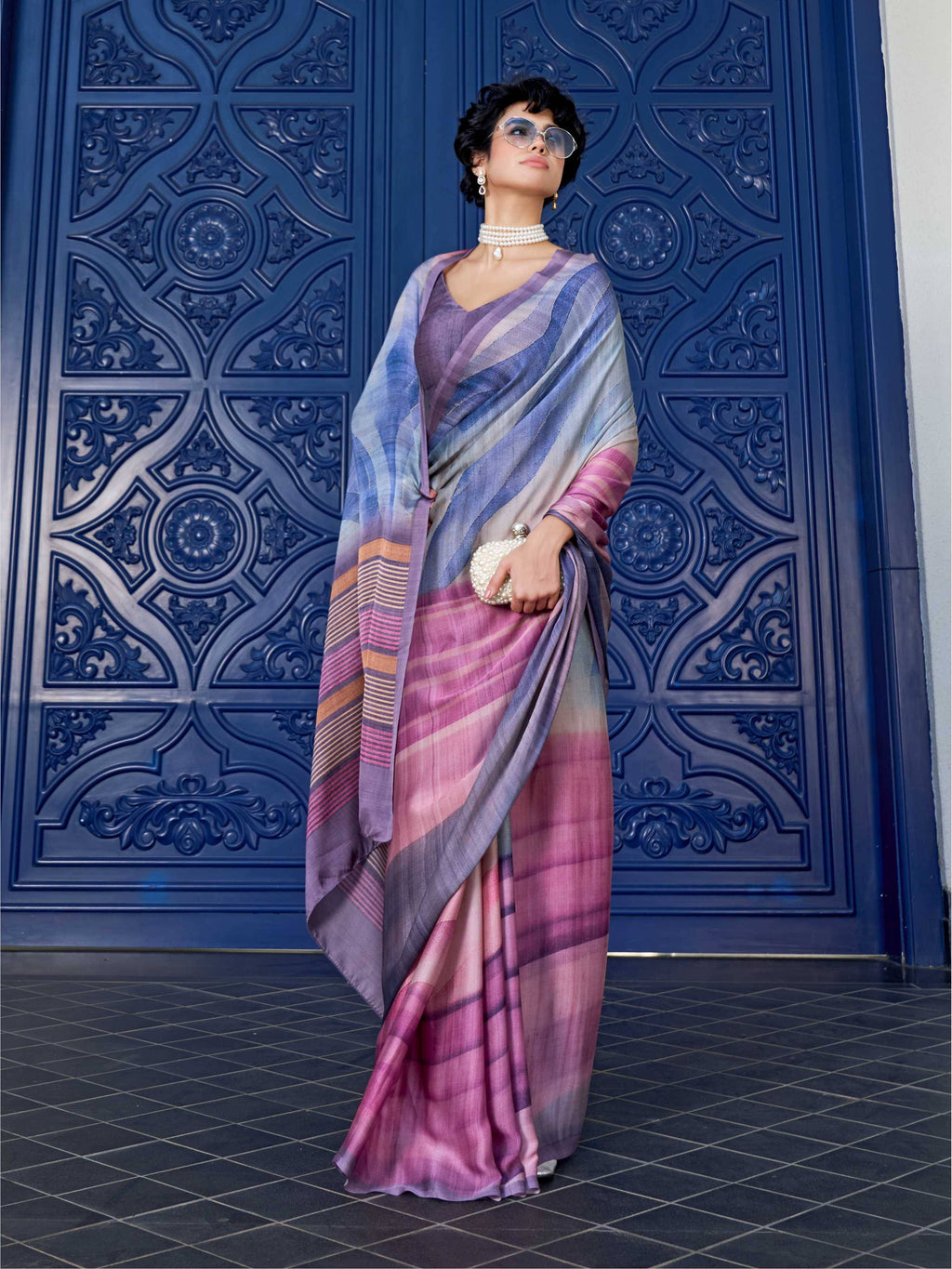 Muted Rose Digital Illustration Satin Georgette Saree