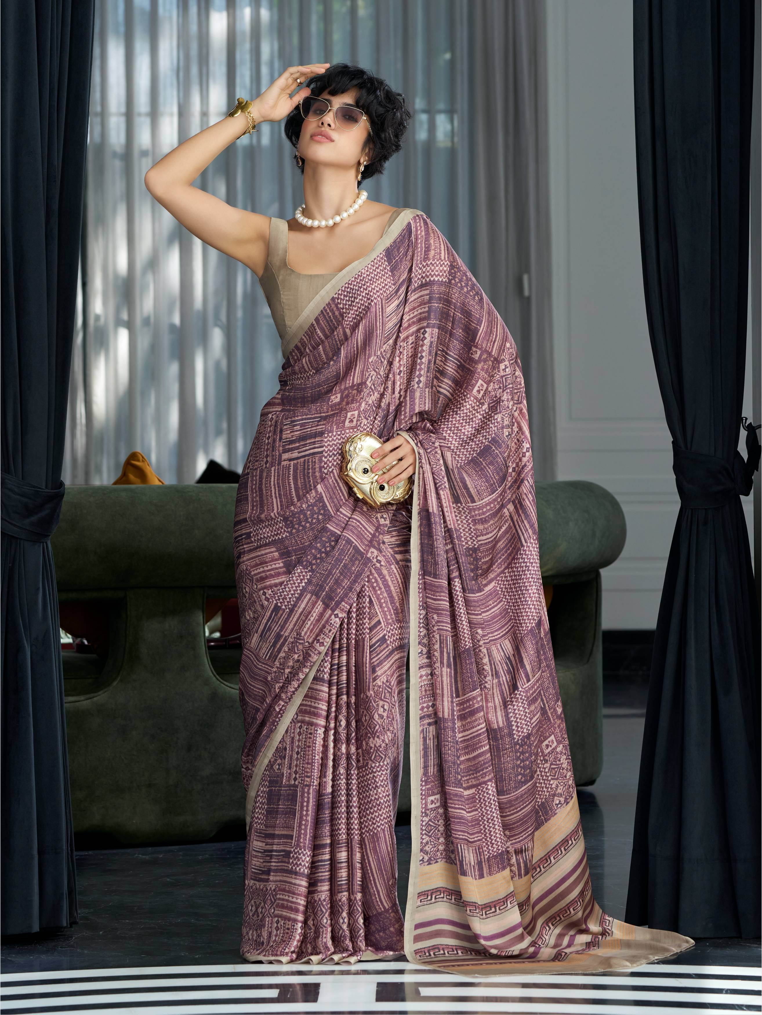 Muted Mauve Abstract Satin Georgette Saree