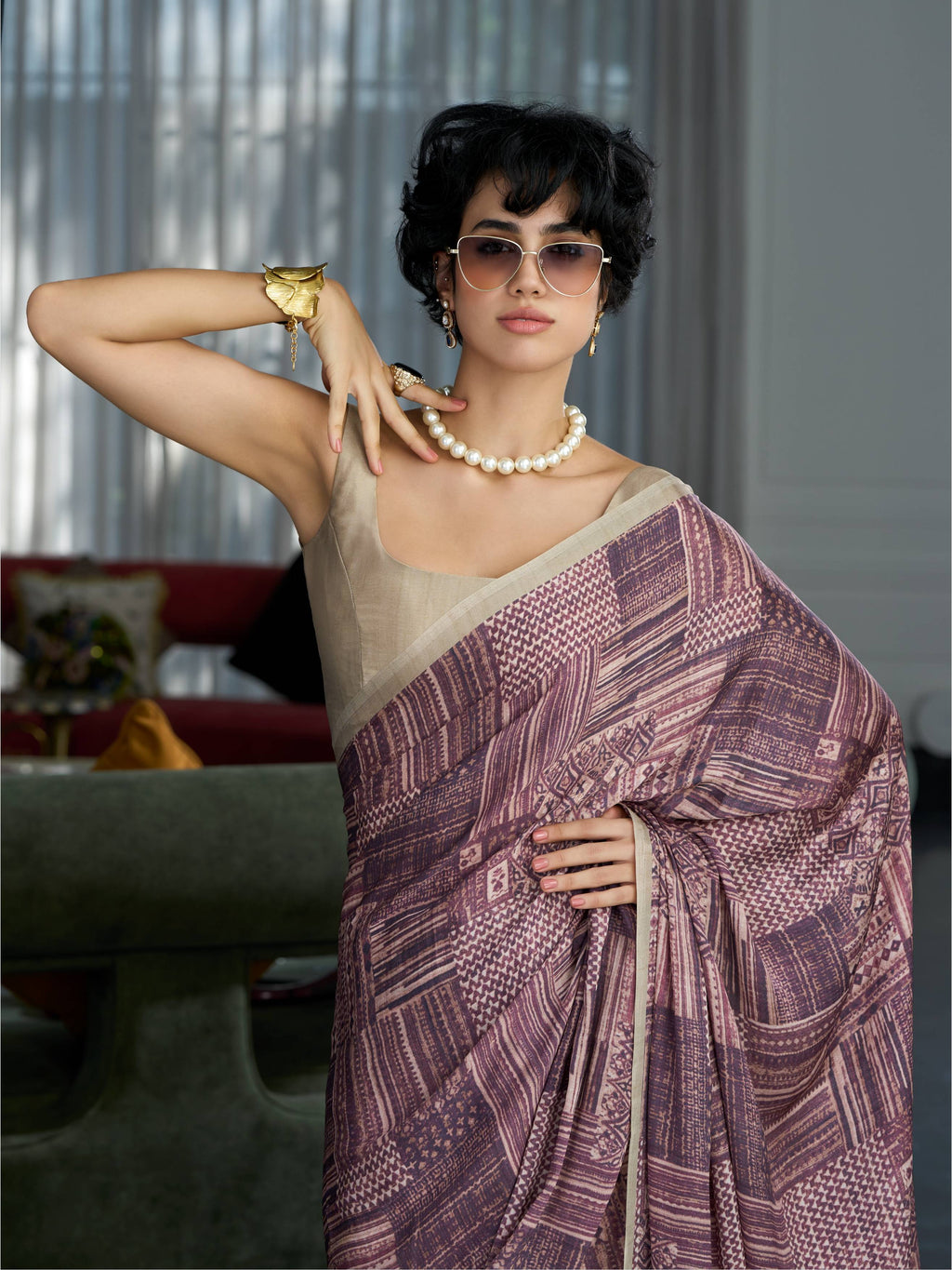 Muted Mauve Abstract Satin Georgette Saree