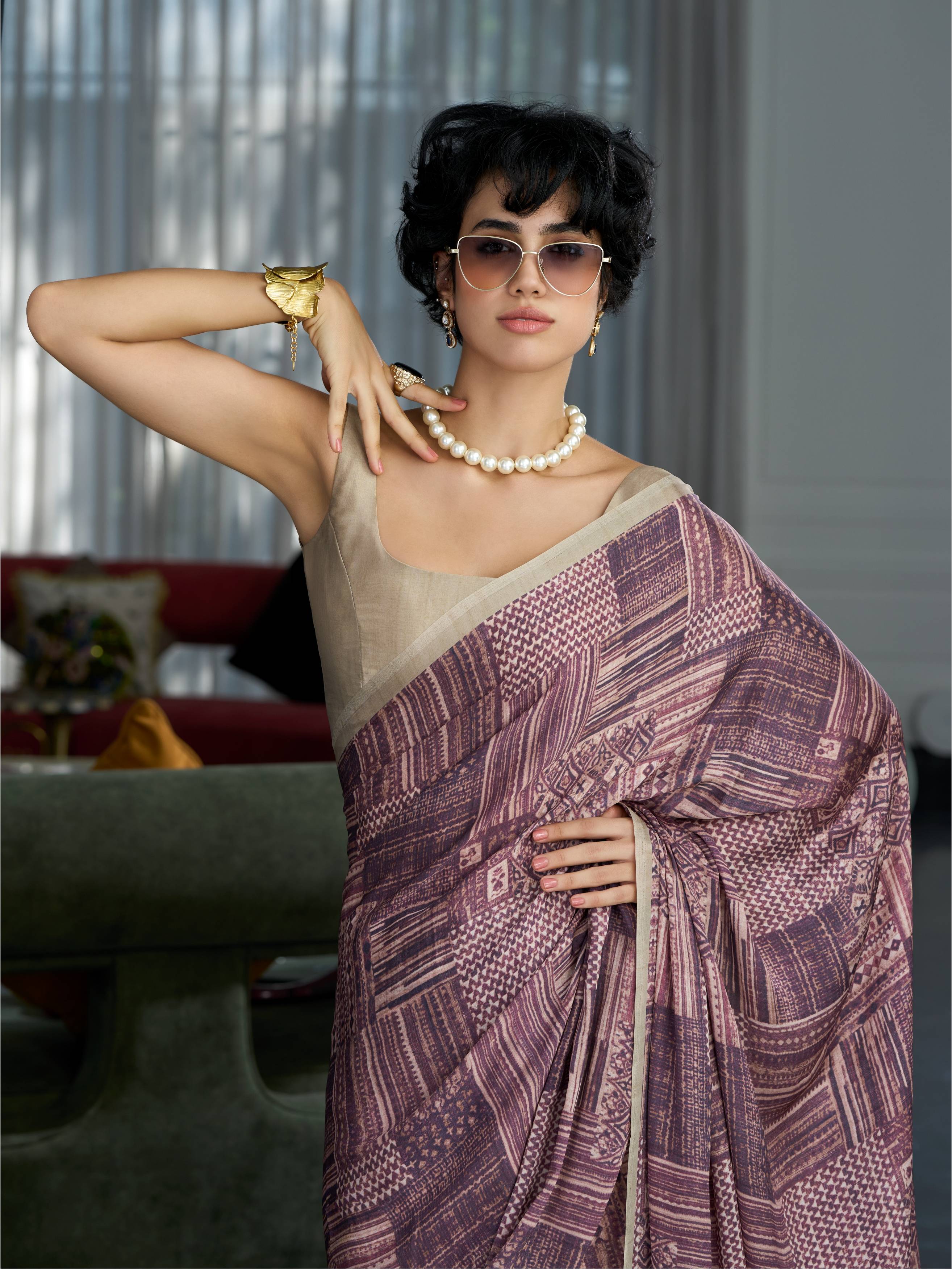 Muted Mauve Abstract Satin Georgette Saree
