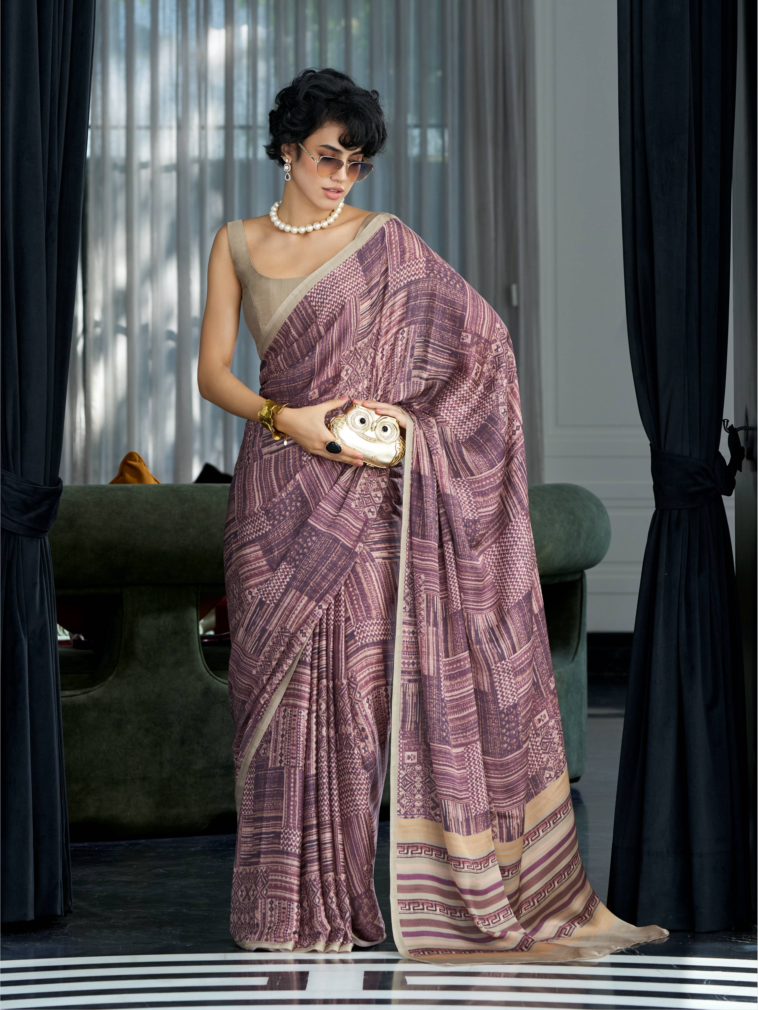 Muted Mauve Abstract Satin Georgette Saree
