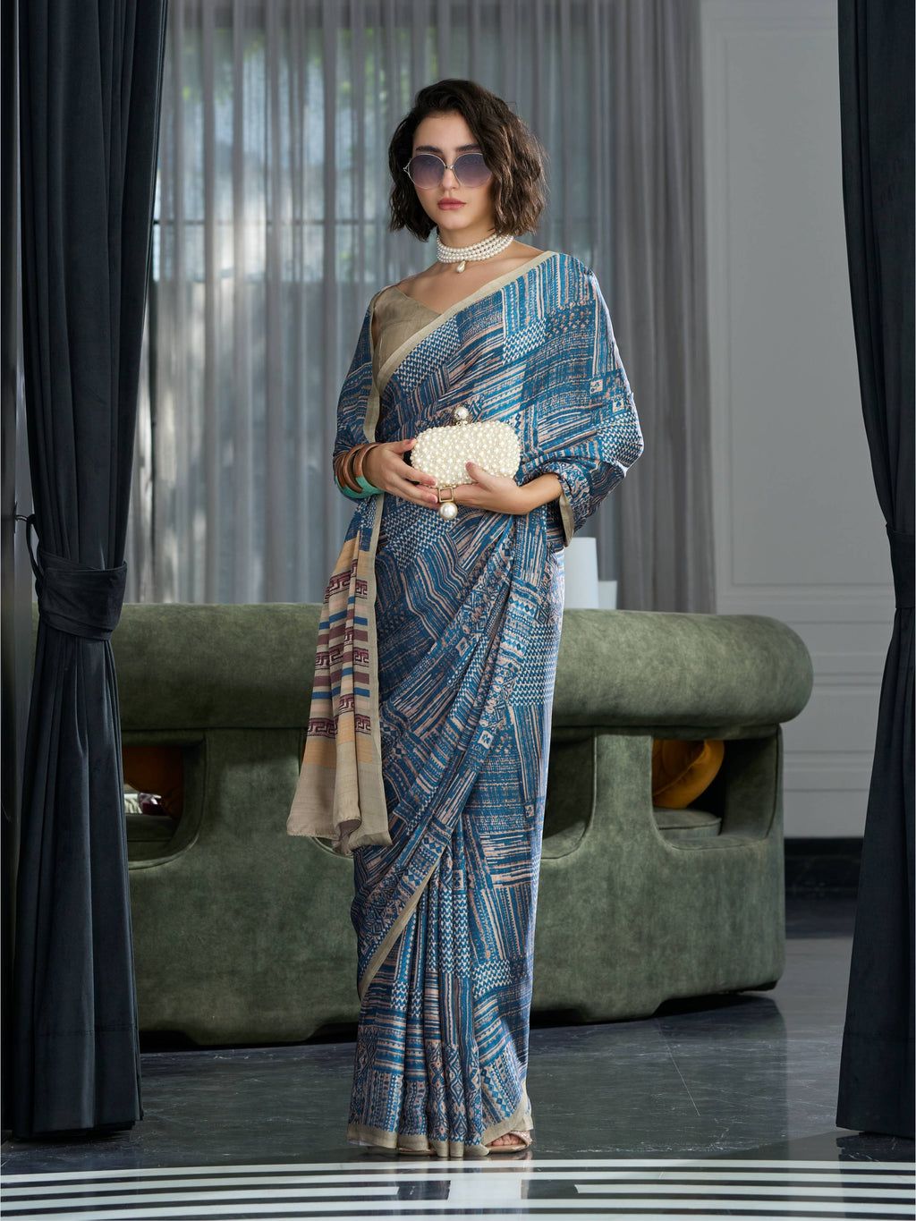Grey Blue Abstract Satin Georgette Saree