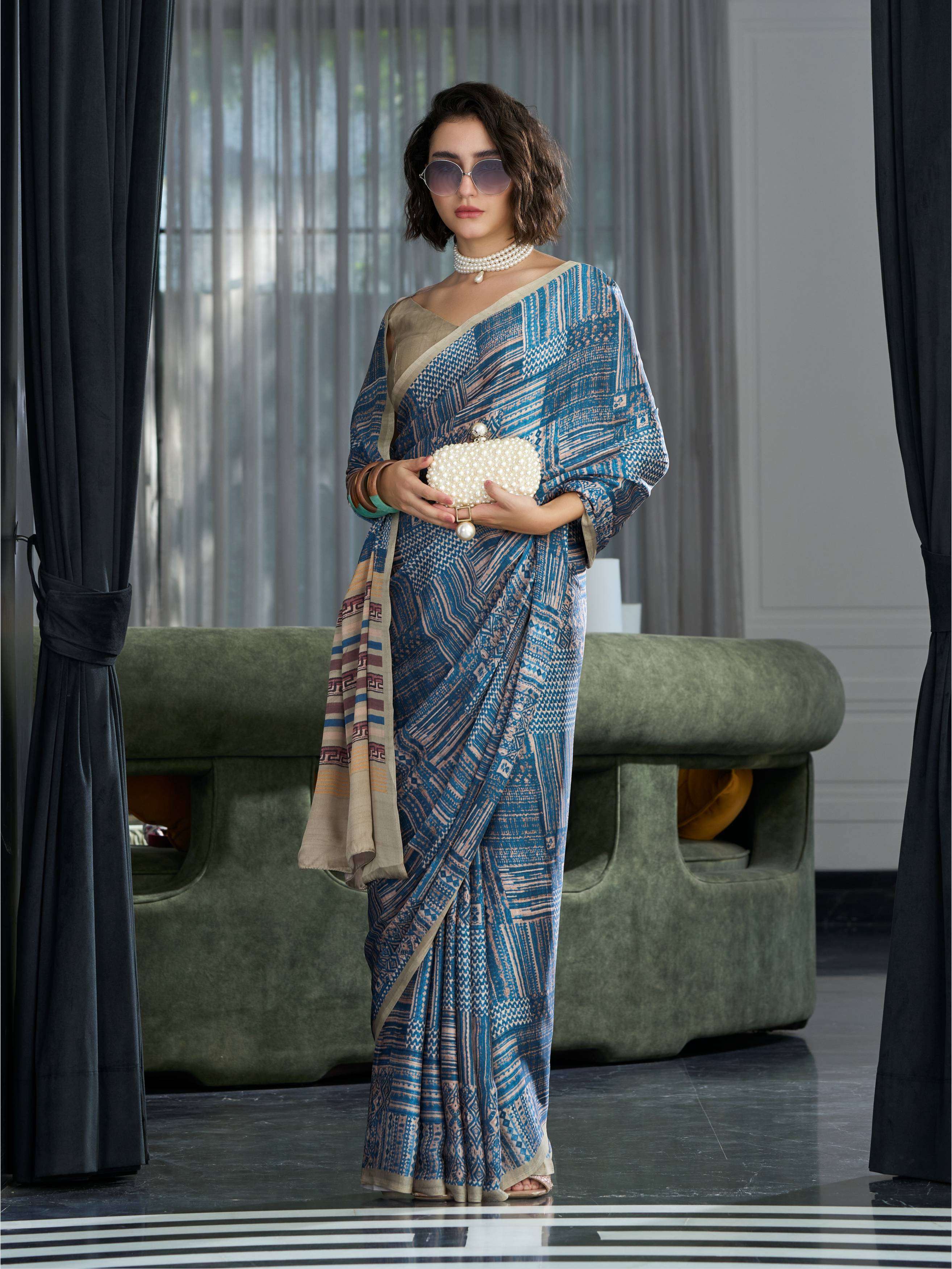 Modal Silk Abstract Grey Blue Saree