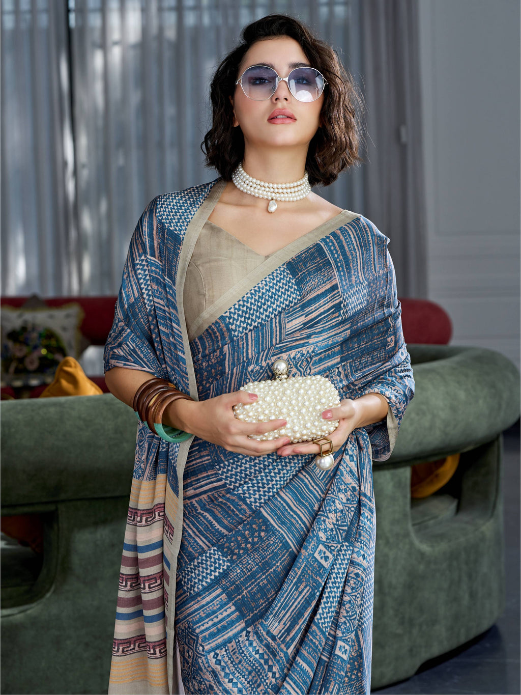 Grey Blue Abstract Satin Georgette Saree