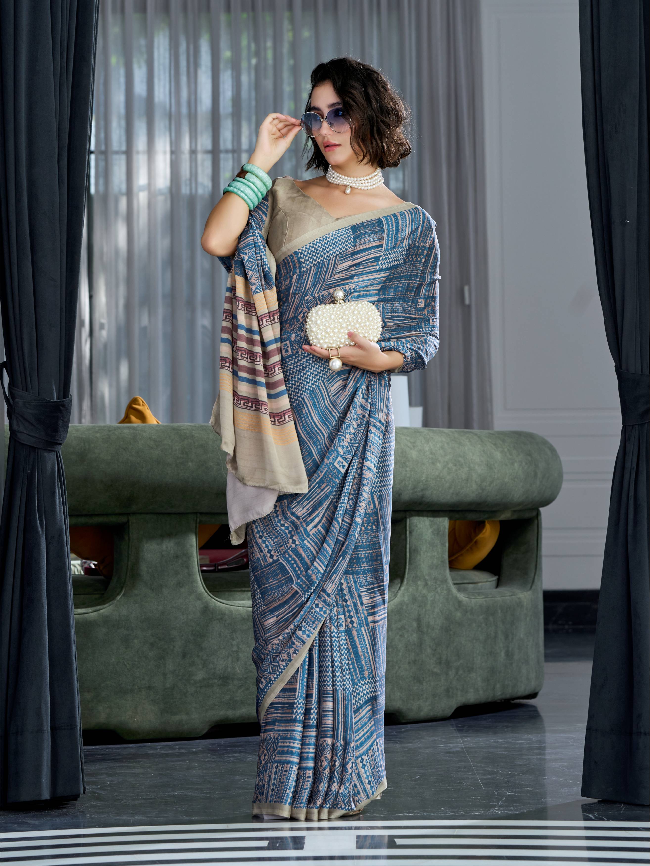 Modal Silk Abstract Grey Blue Saree