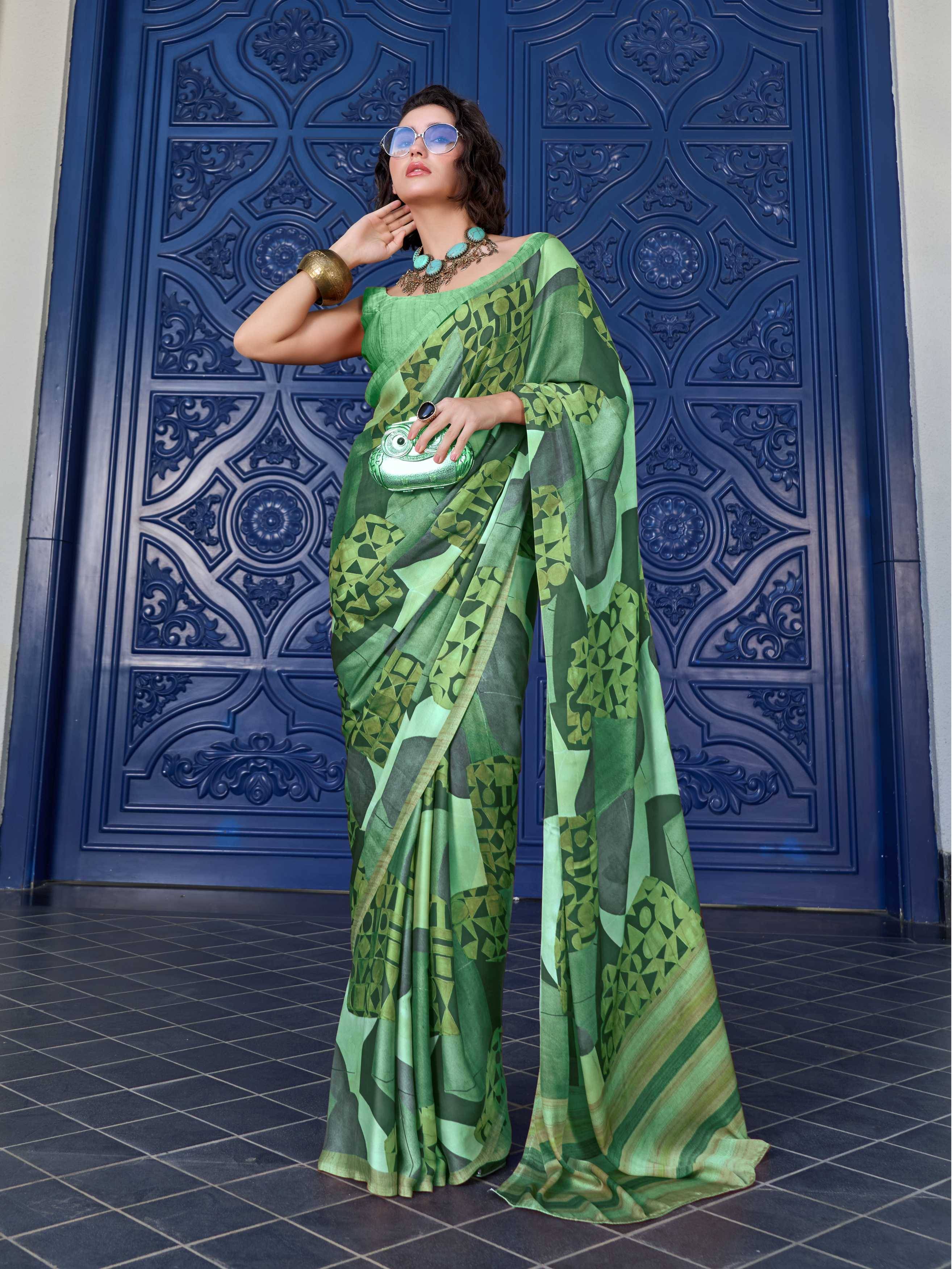 Fresh Green Abstract Satin Georgette Saree