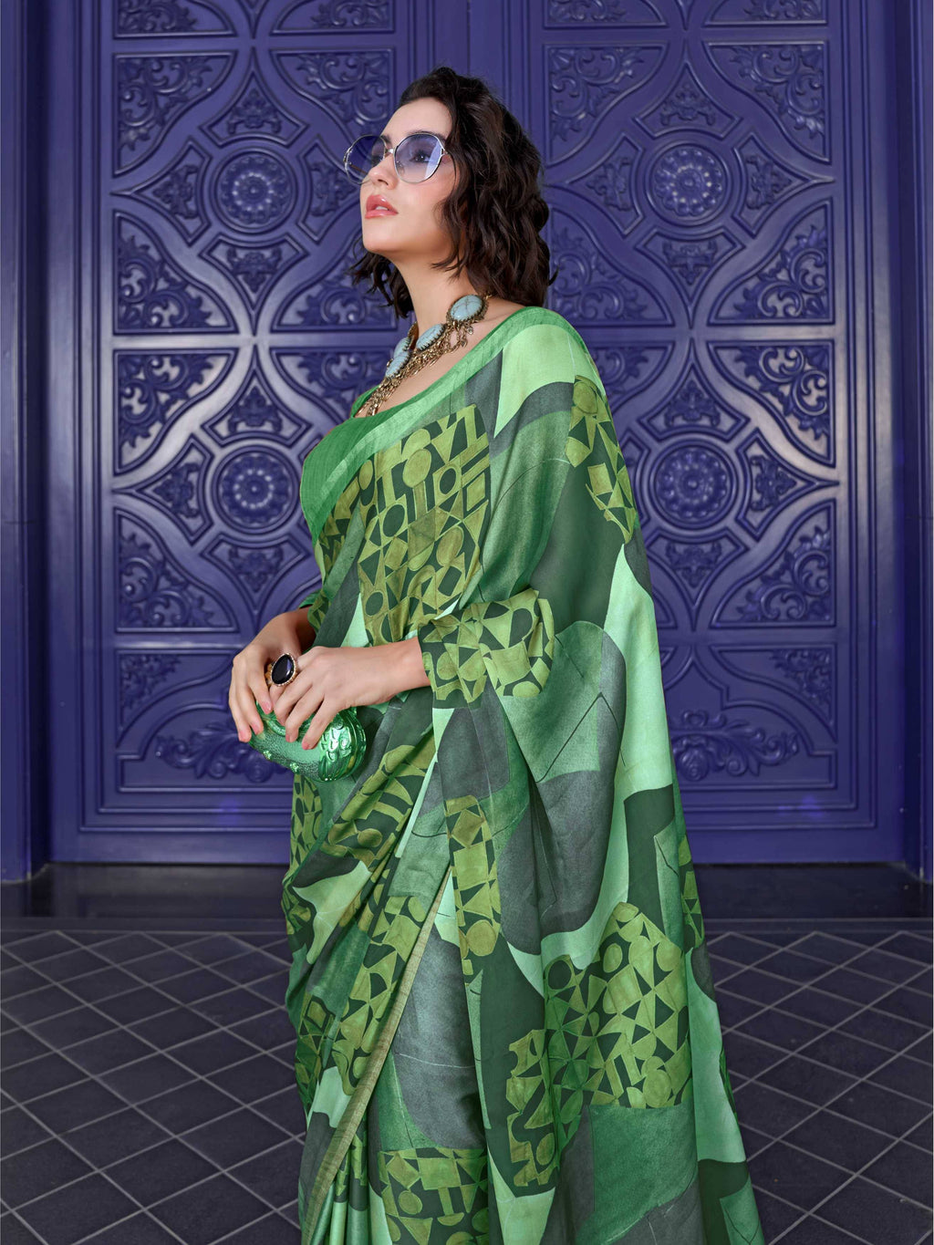 Fresh Green Abstract Satin Georgette Saree