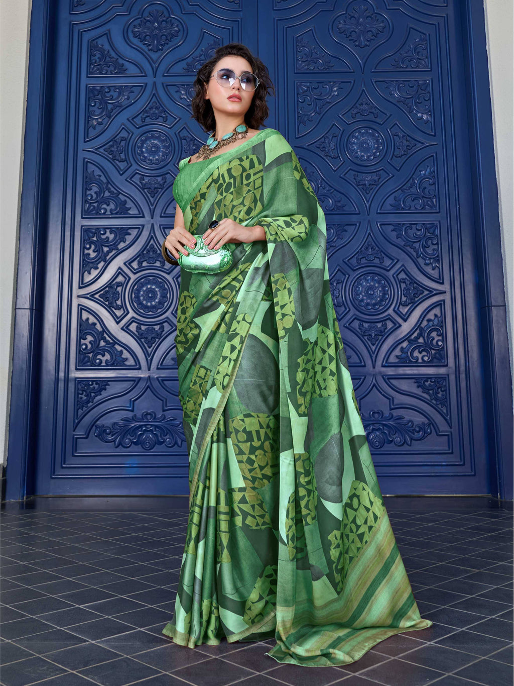 Fresh Green Abstract Satin Georgette Saree