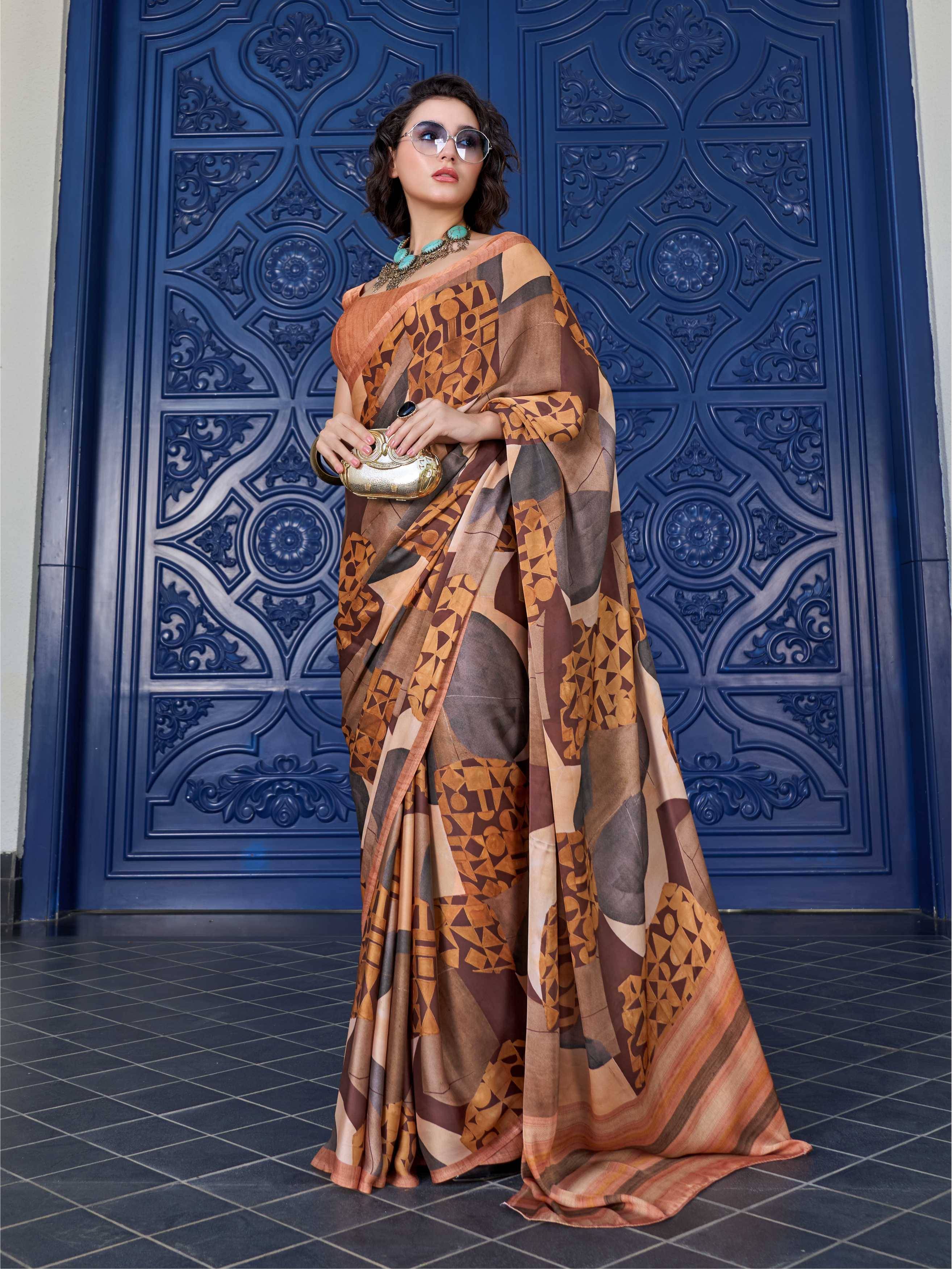 Mustard Brown Abstract Satin Georgette Saree