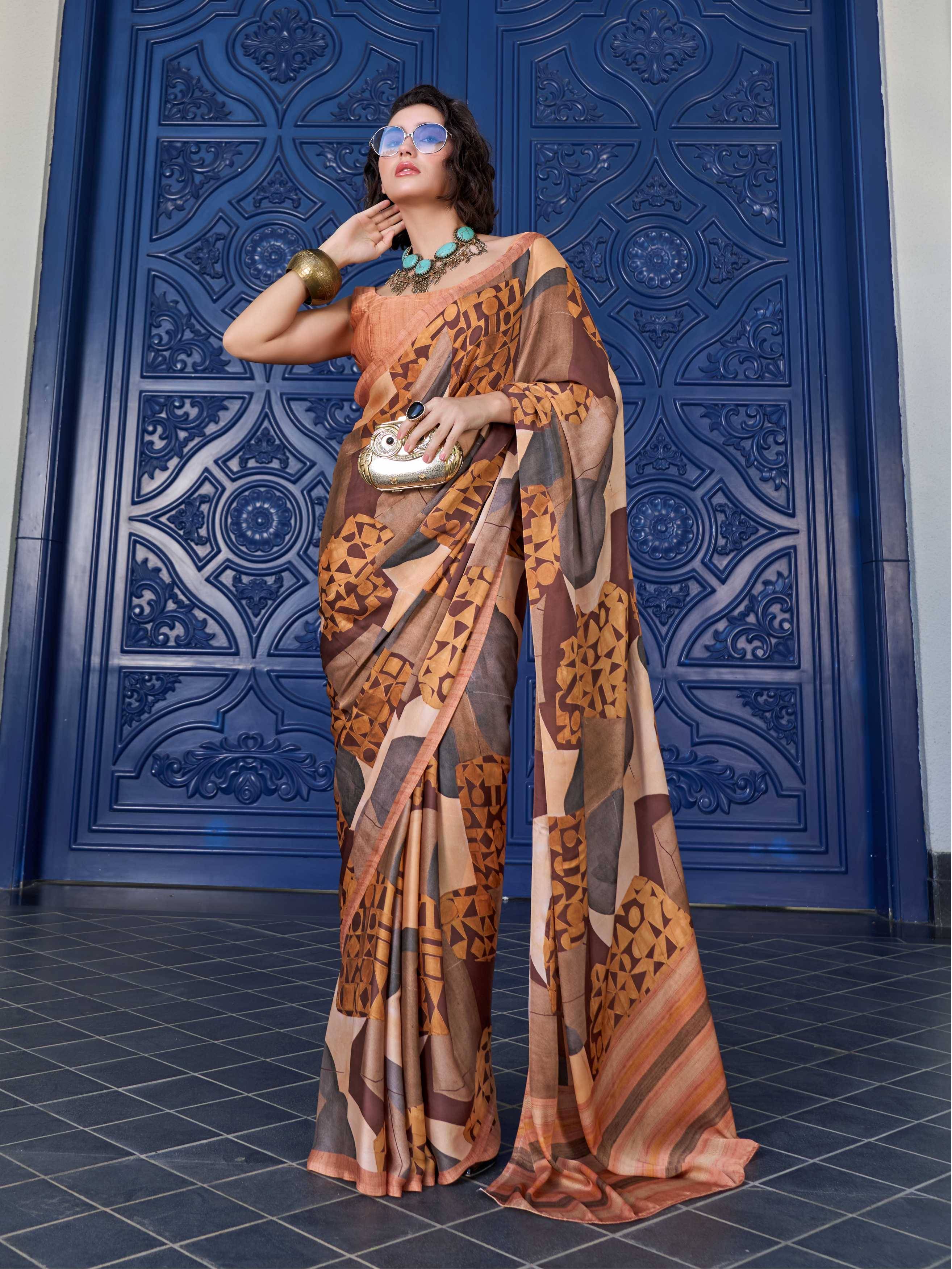 Mustard Brown Abstract Satin Georgette Saree