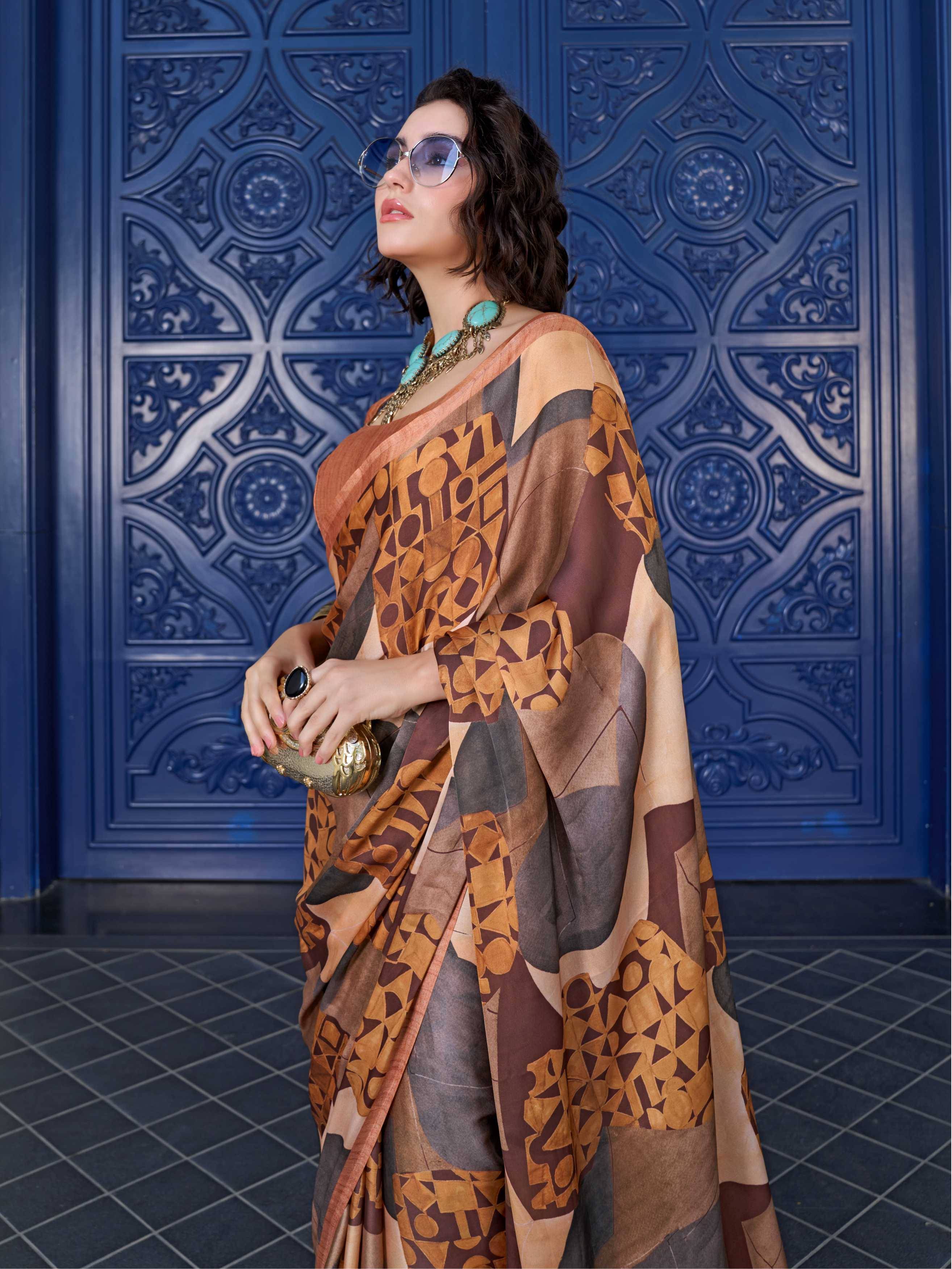 Mustard Brown Abstract Satin Georgette Saree