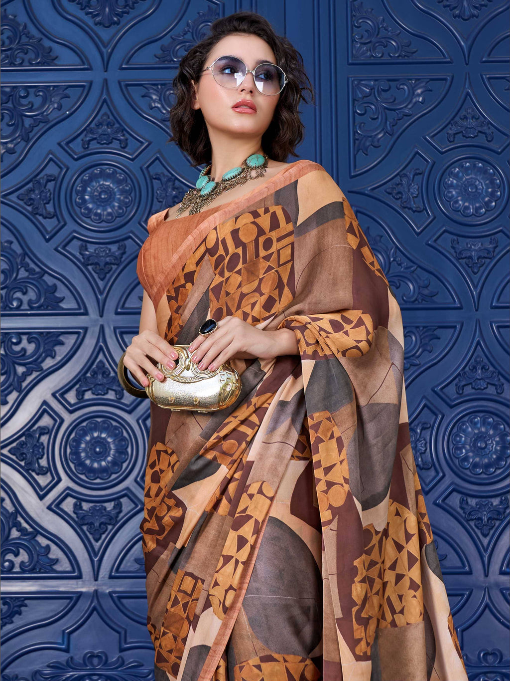 Mustard Brown Abstract Satin Georgette Saree