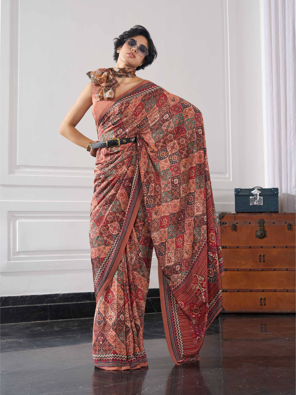 Rust Brown Ethnic Motif Crepe Silk Saree
