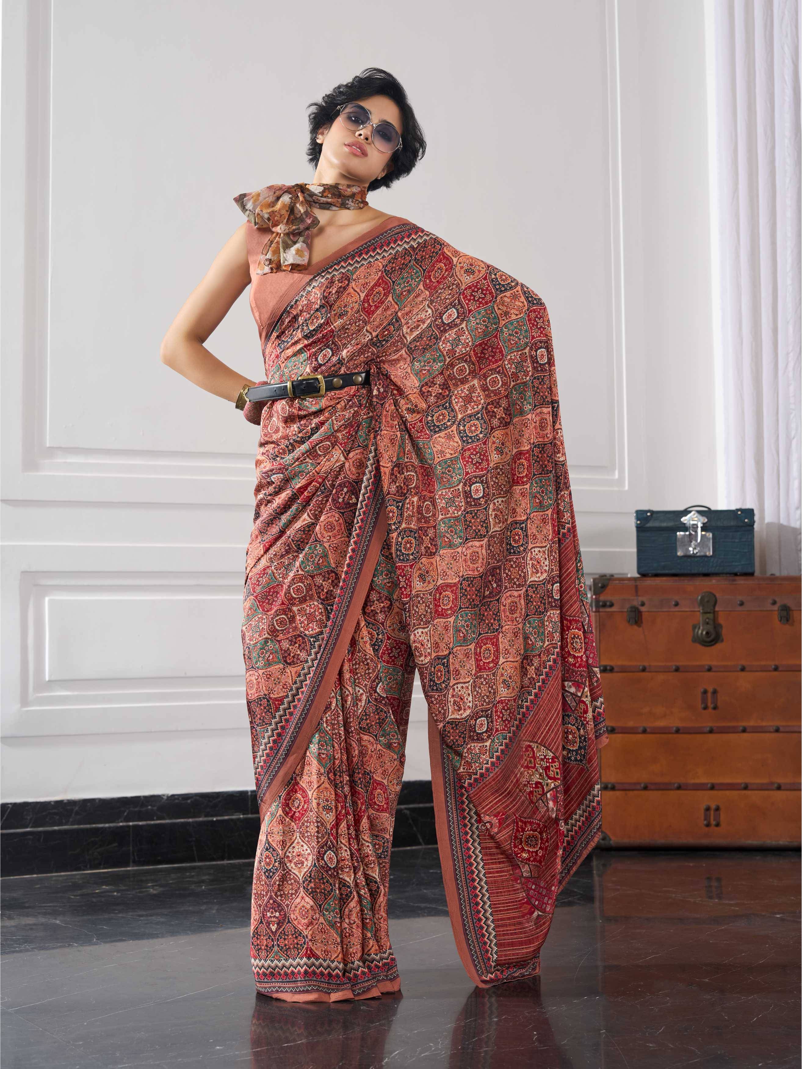 Rust Brown Ethnic Motif Crepe Silk Saree