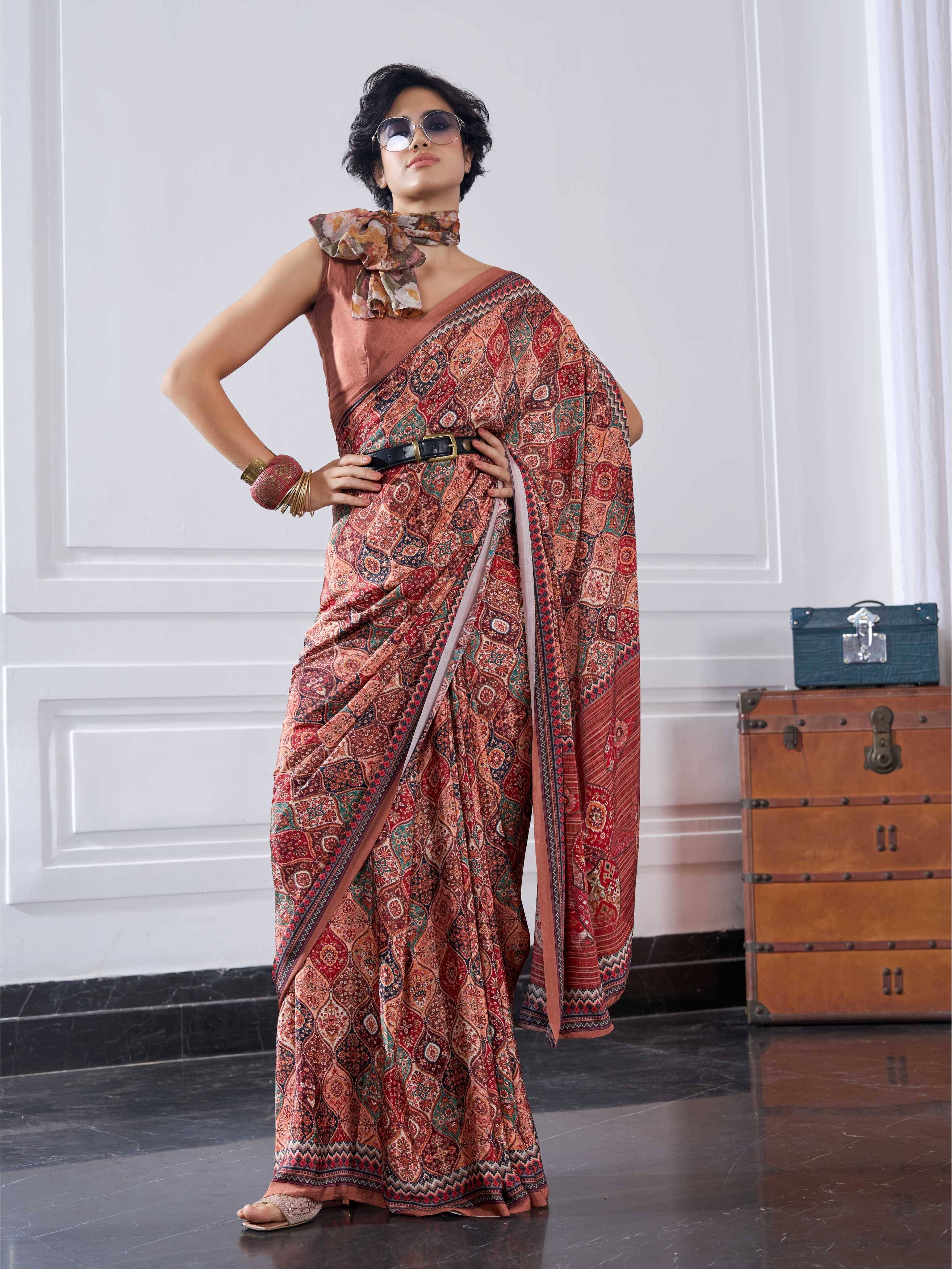 Rust Brown Ethnic Motif Crepe Silk Saree