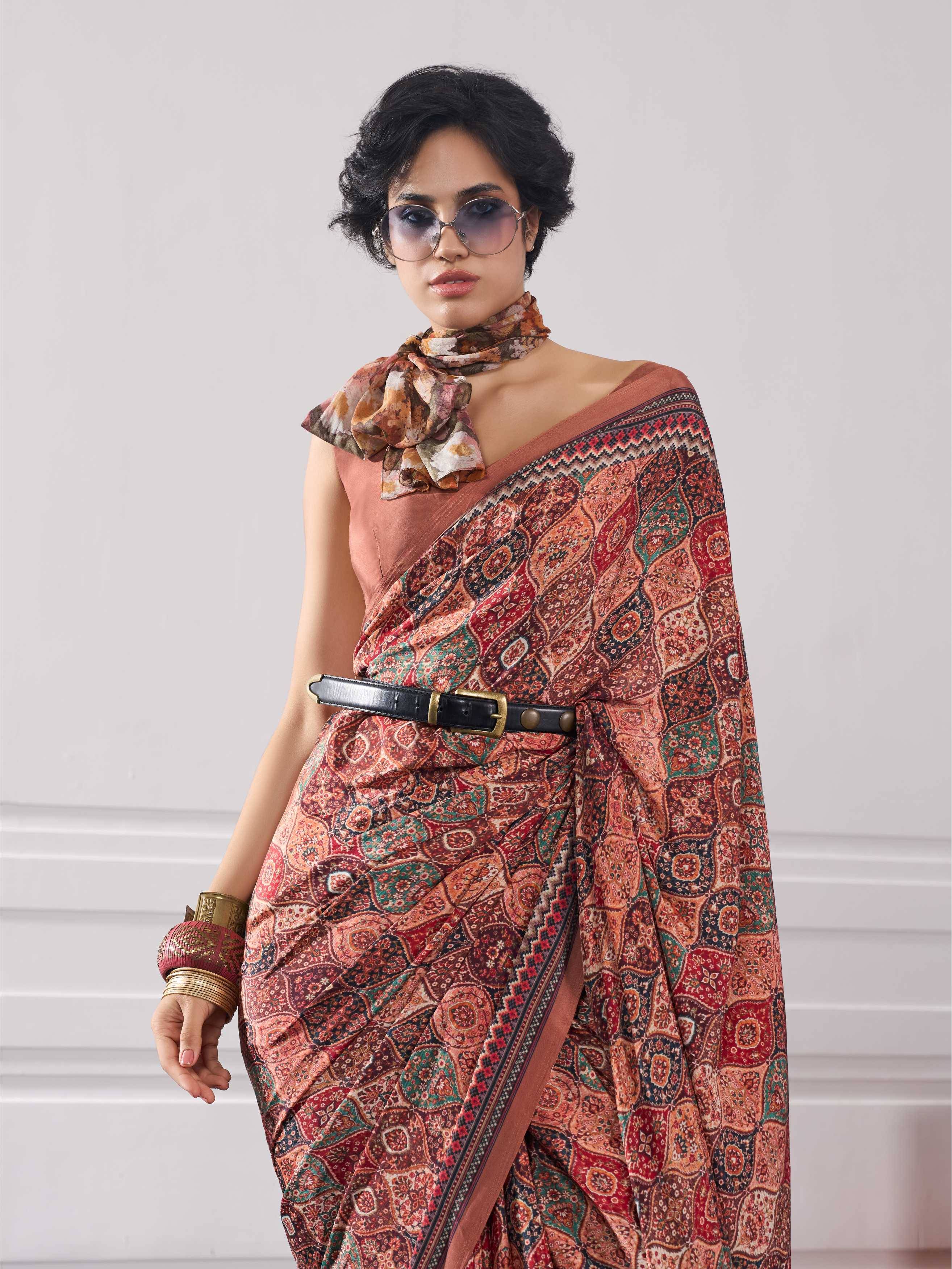 Rust Brown Ethnic Motif Crepe Silk Saree