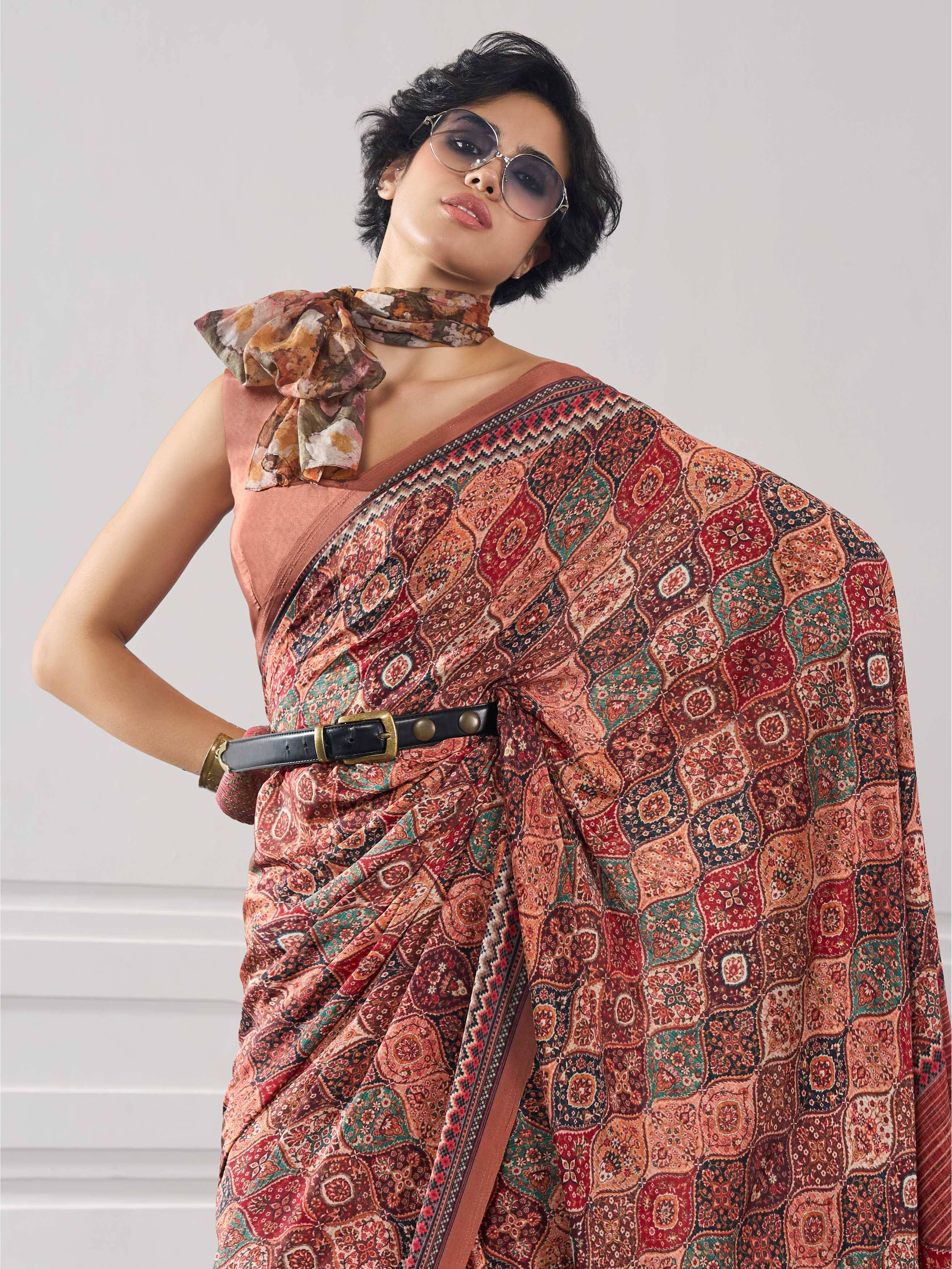 Rust Brown Ethnic Motif Crepe Silk Saree